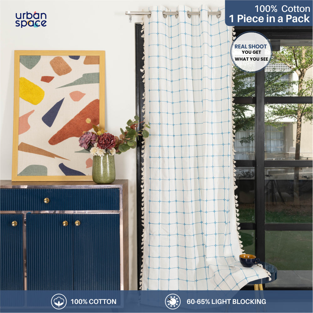 Urban Space -Home Furnishing Store Premium 100% Cotton Embroidery Curtain for Window & Door - Pack of 1 Curtain, Turquoise Checks - view 2