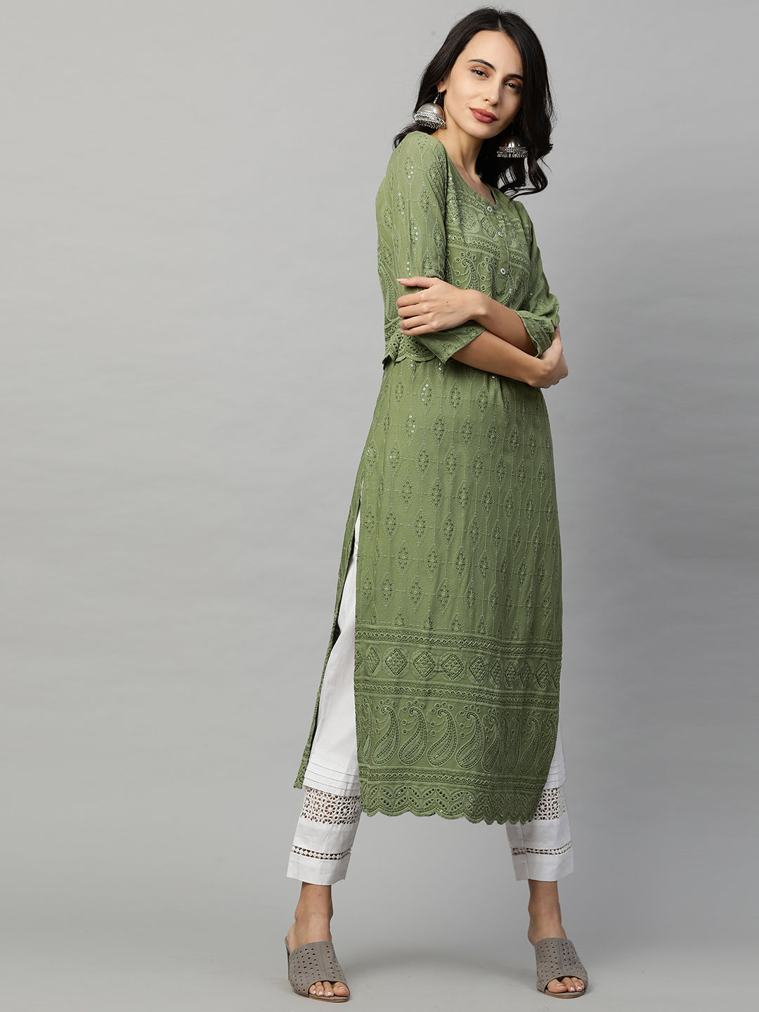 Fashor Intricate Chikankari Embroidered Straight Kurta with 2-Ply Mask - Olive Green