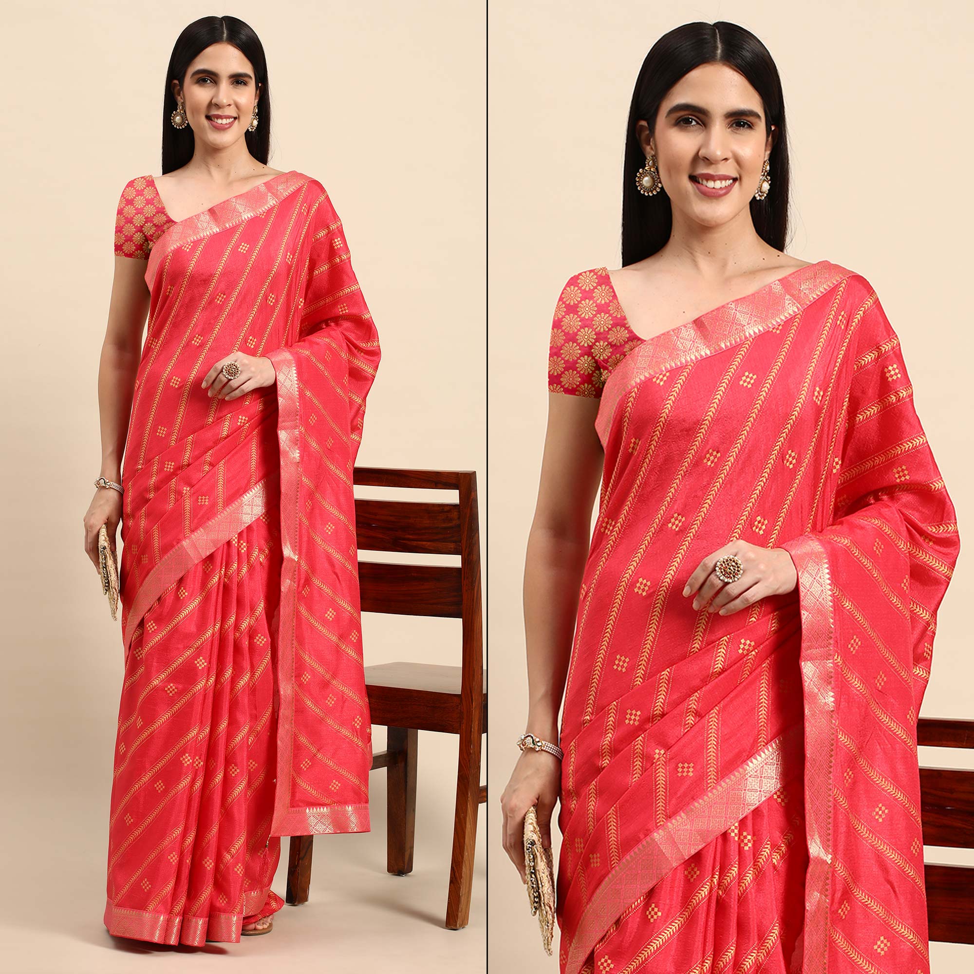 Peachmode Gajri Pink Floral Foil Printed Chiffon Saree With Tassels