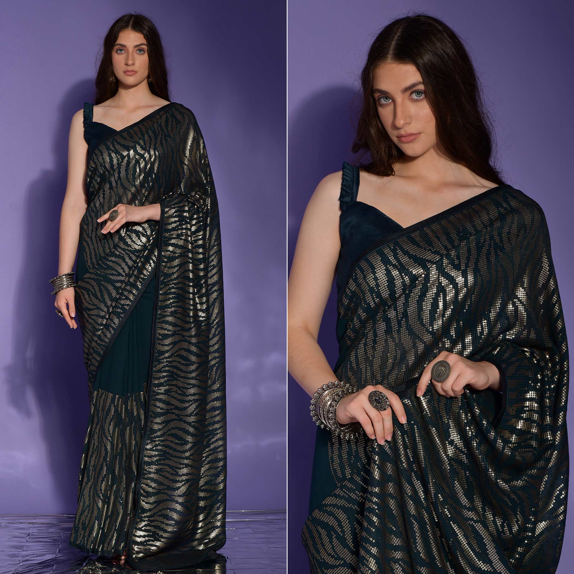 Peachmode Morpich Sequins Embroidered Georgette Saree