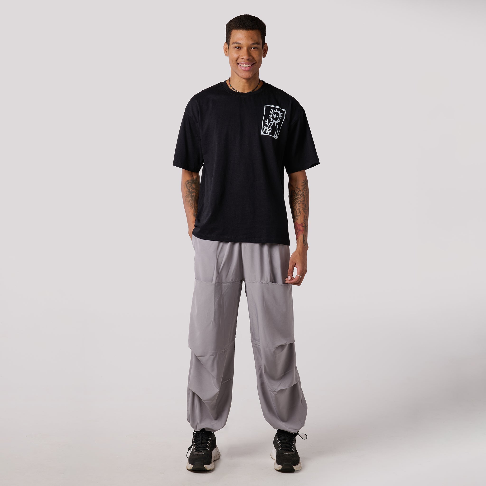 I Z F Grey Air Parachute Pants & Black oversized printed Tee Set