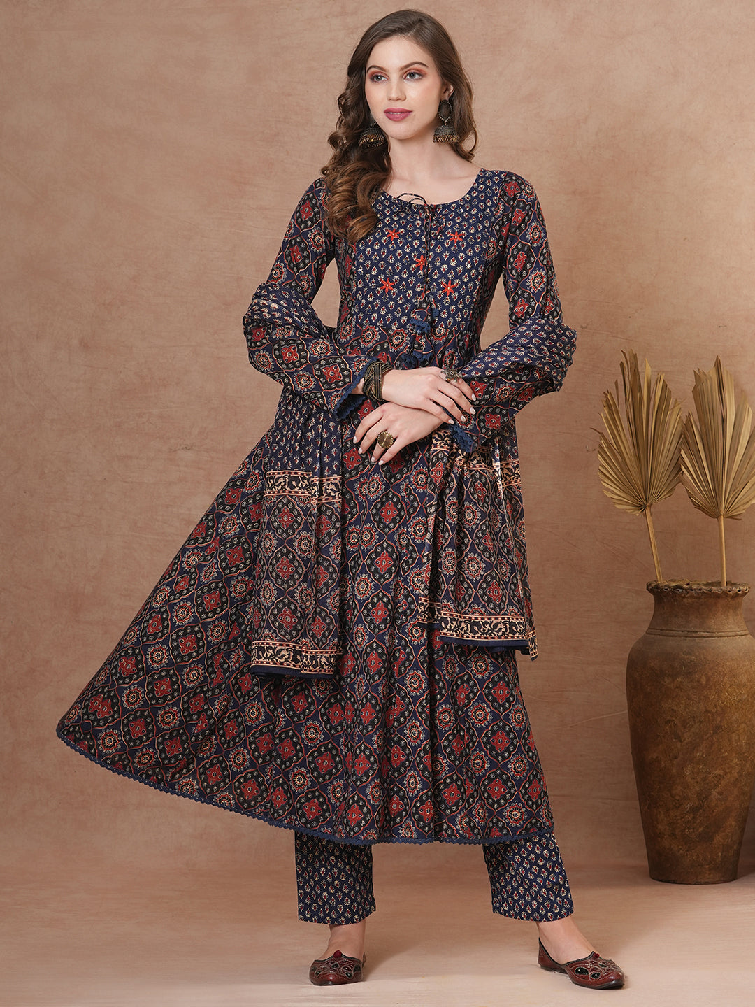 FASHOR Ethnic Floral Printed & Embroidered Anarkali Kurta with Pant & Dupatta - Blue