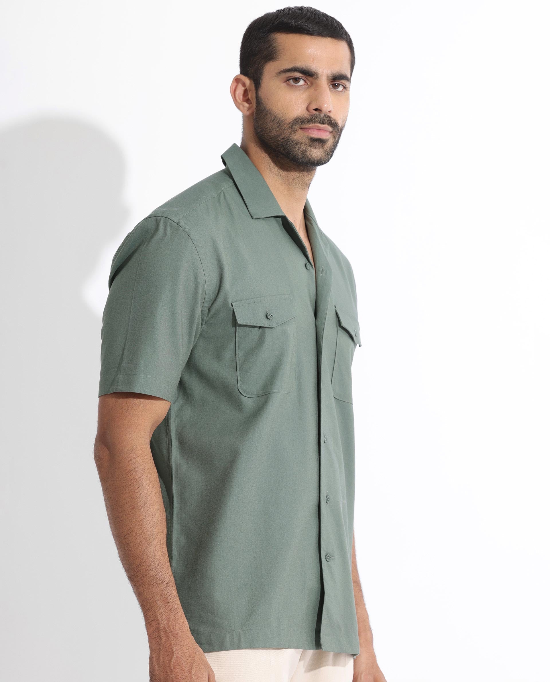 Rare Rabbit Men's Salford Dusky Green Cuban Collar Half Sleeves Two Flap Pocket Solid Shirt - view 7