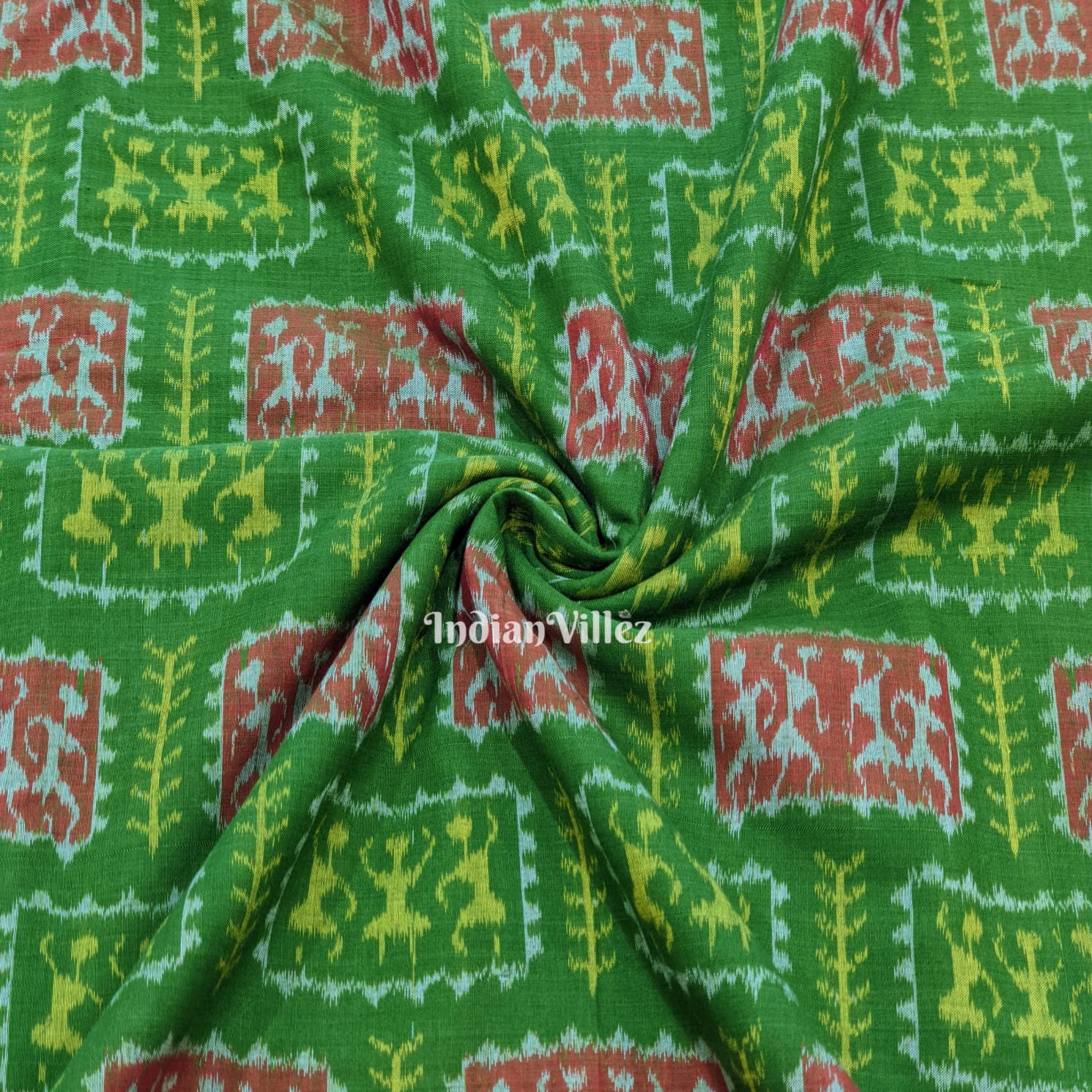 IndianVillèz Mehendi Green Tribal Theme Sambalpuri Cotton Fabric