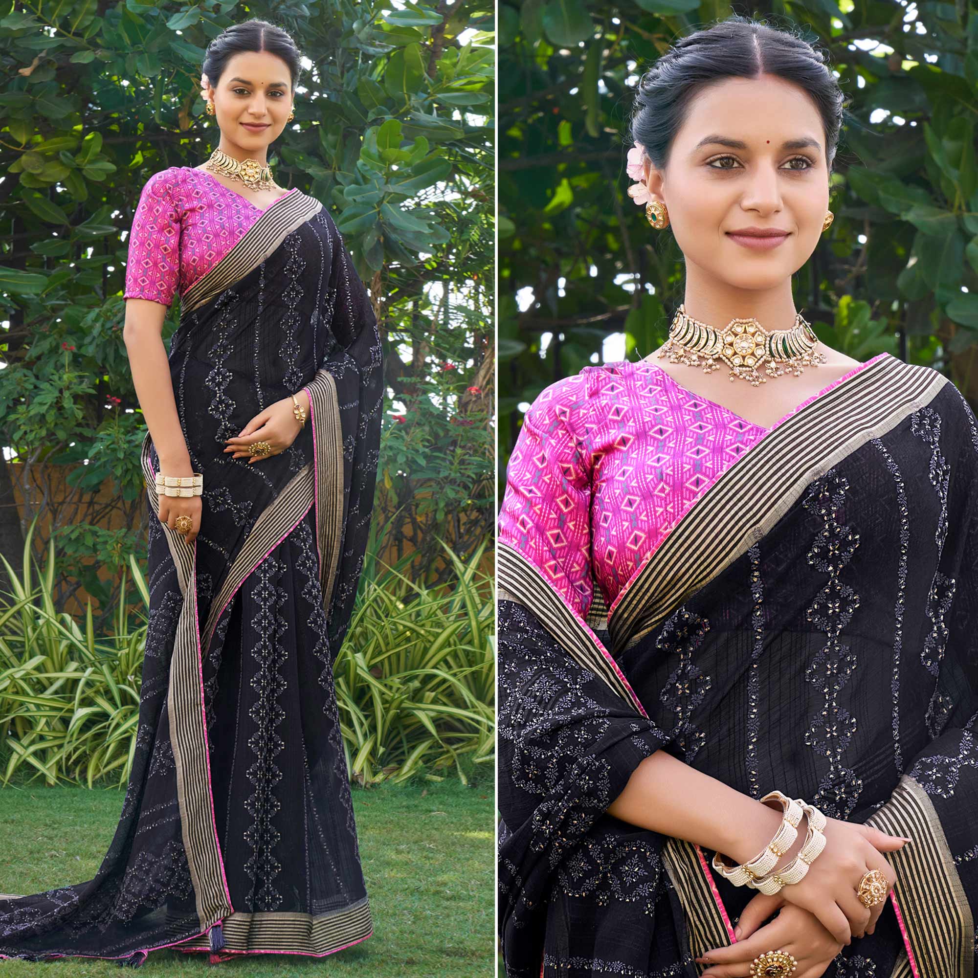 Peachmode Dark Navy Blue Printed Chiffon Saree