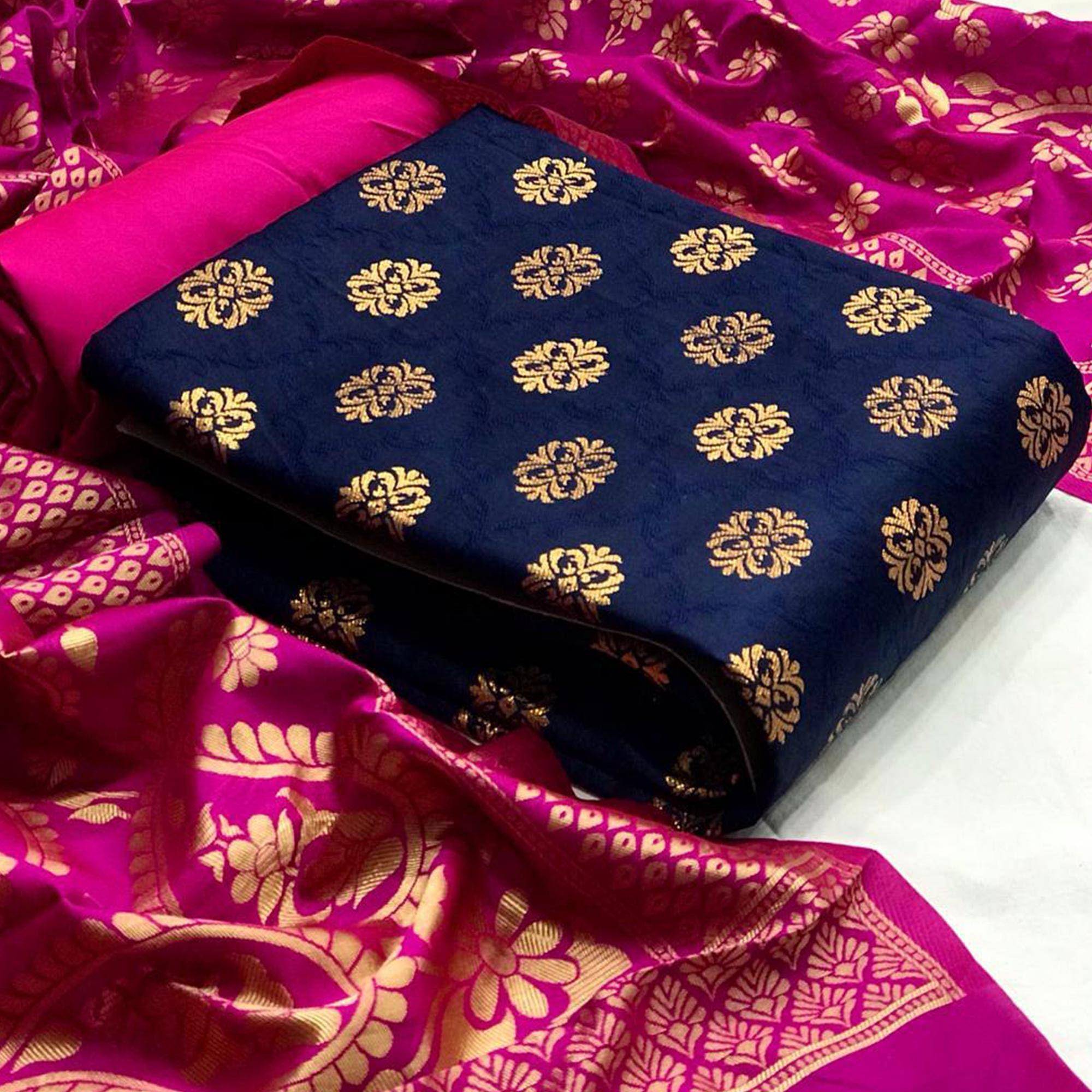Peachmode Blue-Pink Festive Wear Woven Banarasi Silk Dress Material