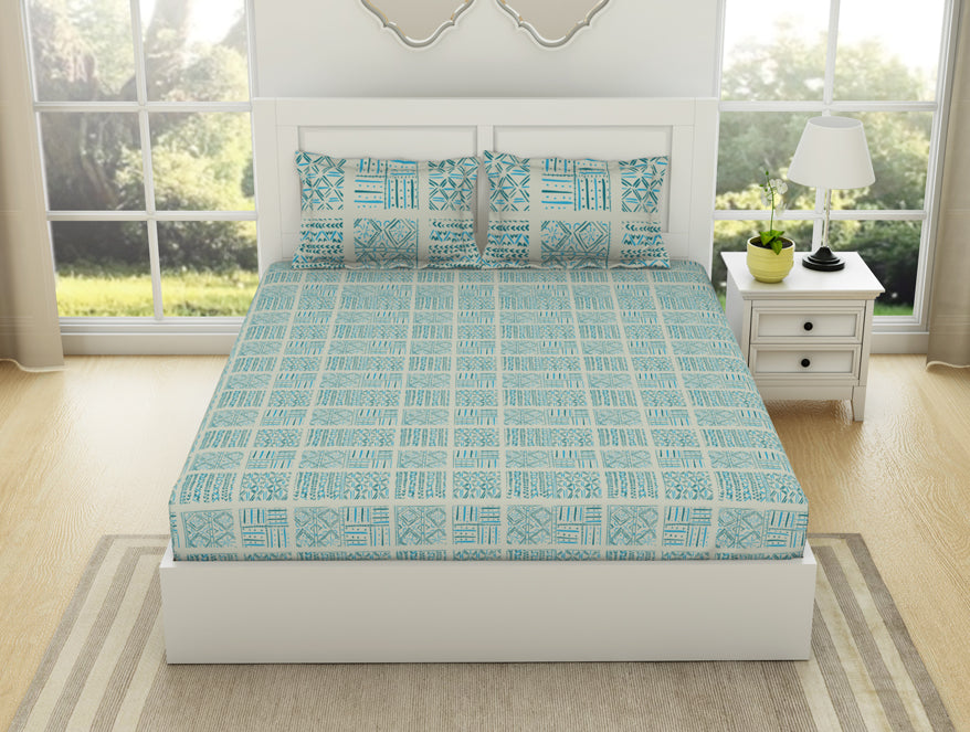 Spaces India Geometric Aruba Blue - Aqua 100% Cotton Double Bedsheet - Geospace By Spaces