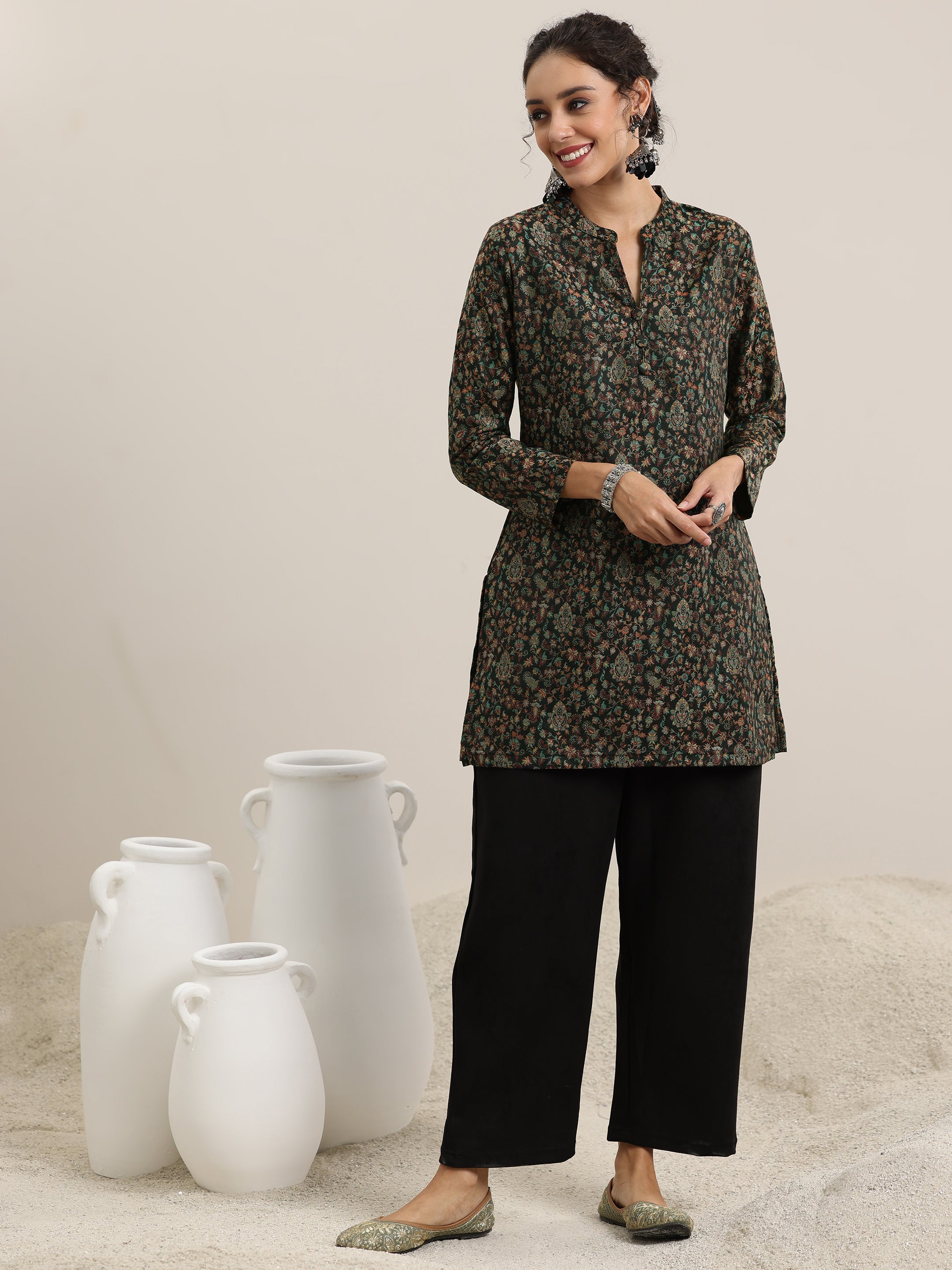Libas Black Woven Design Wool Blend Straight Kurta With Palazzos