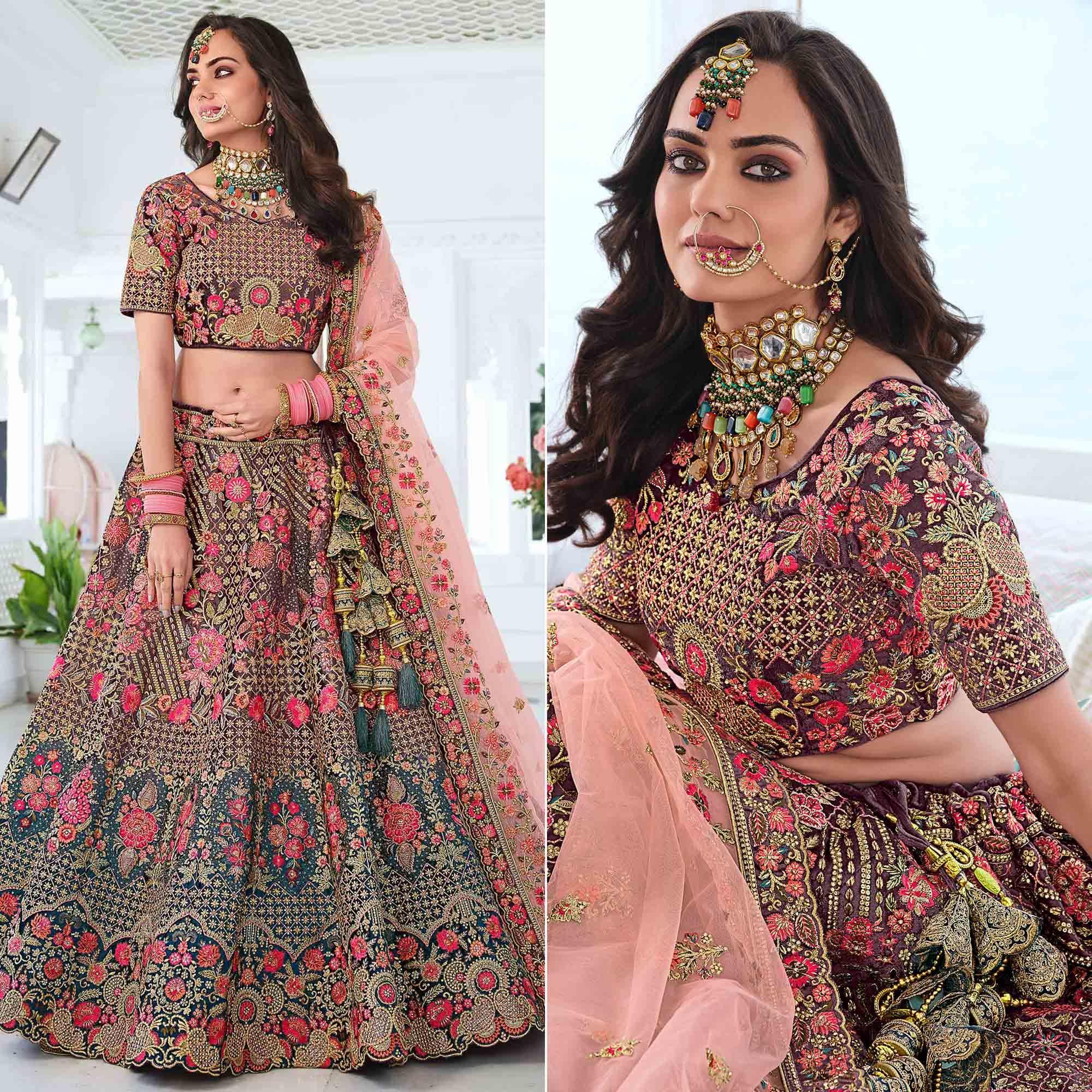 Peachmode Brown & Teal Green Wedding Wear Sequins Floral Embroidered Velvet Lehenga Choli