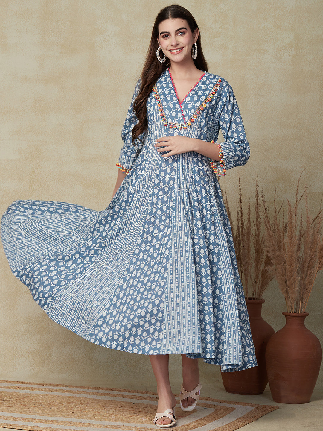 Fashor Ethnic & Stripes Printed Anarkali Flared Maxi Dress - Blue
