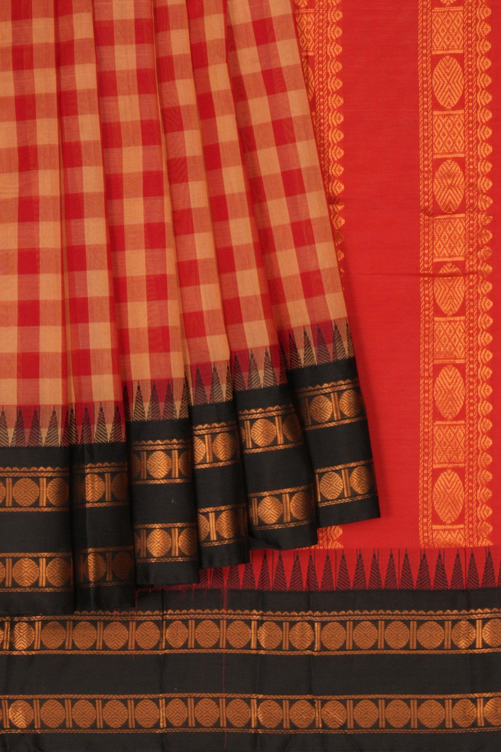 Kalanjali Gadwal Cotton Kattam Red Saree – Women's