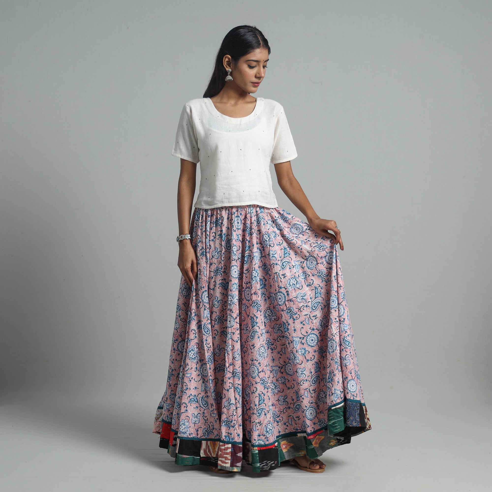 NOORI BAZAR Pink - Sanganeri Block Print Cotton Long Skirt 10
