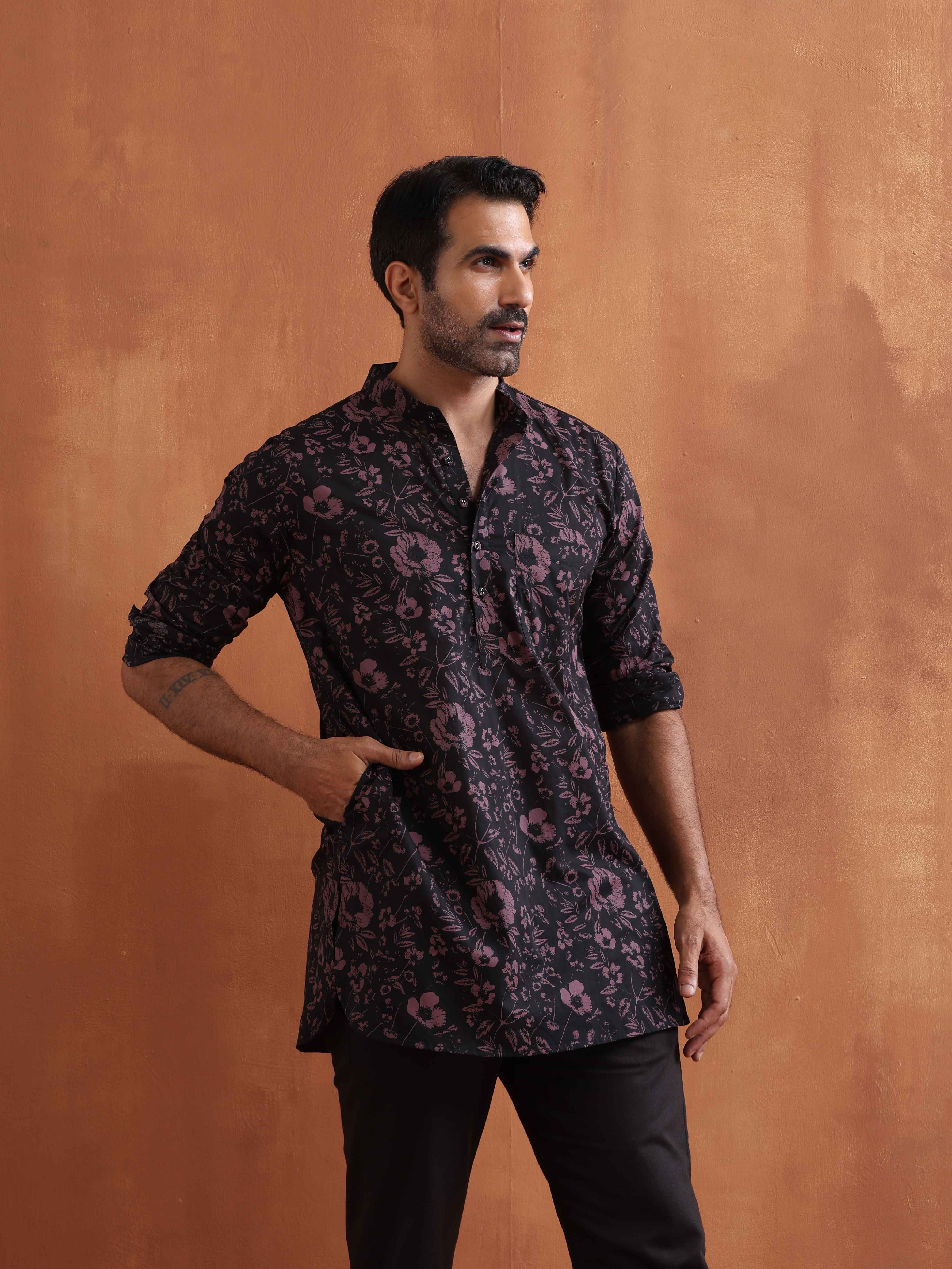 trueBrowns Men's Black Floral Printed Short Kurta - view 2
