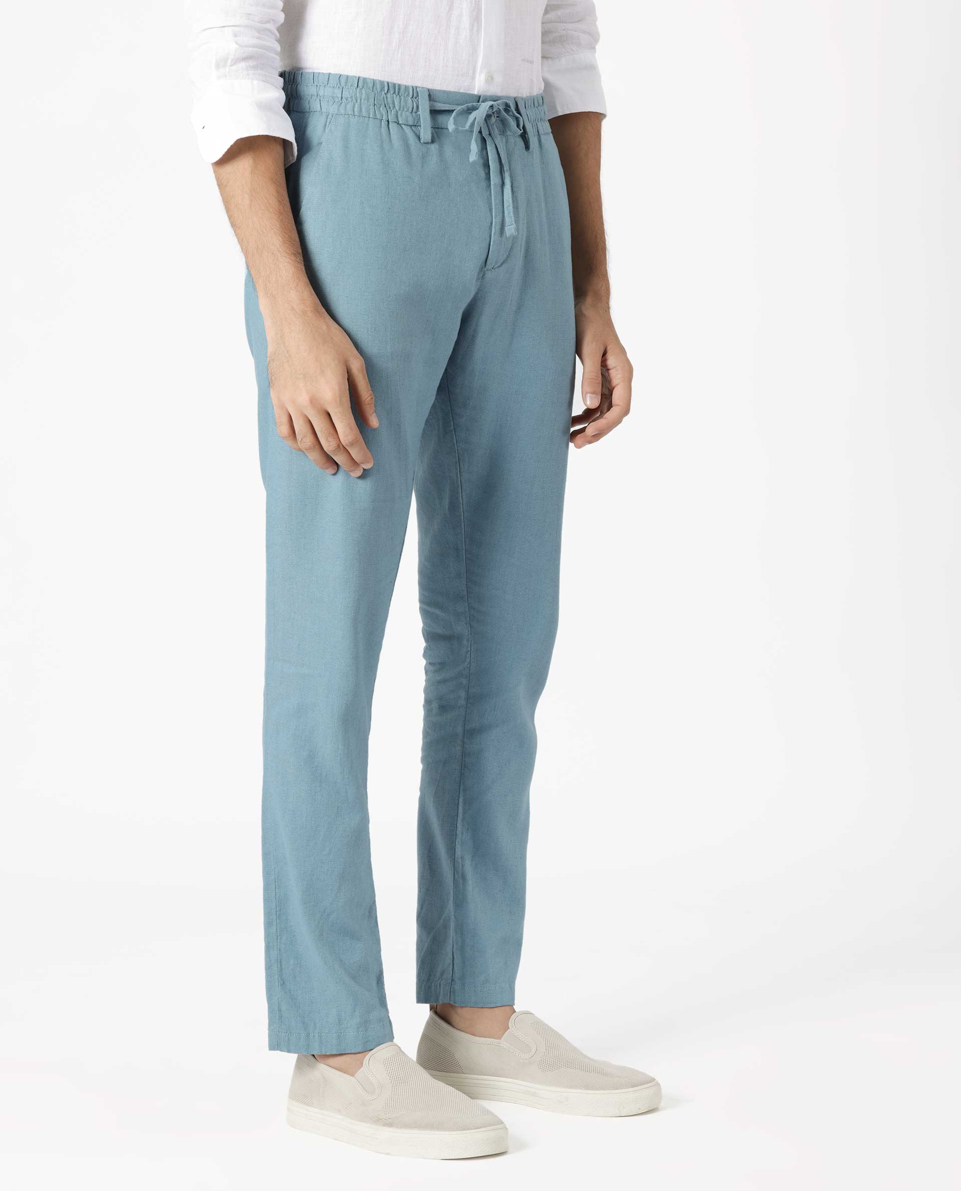 Rare Rabbit Men's Linac Dusky Blue Solid Drawstring With Elastic Waistband Regular Fit Linen Trouser - view 6