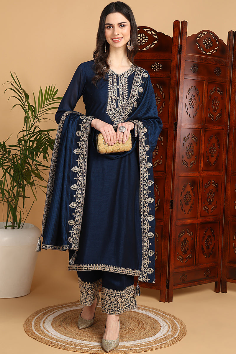 Ahika Navy Blue Silk Blend Solid Embroidered Straight Suit Set PKSKD2262 - view 2