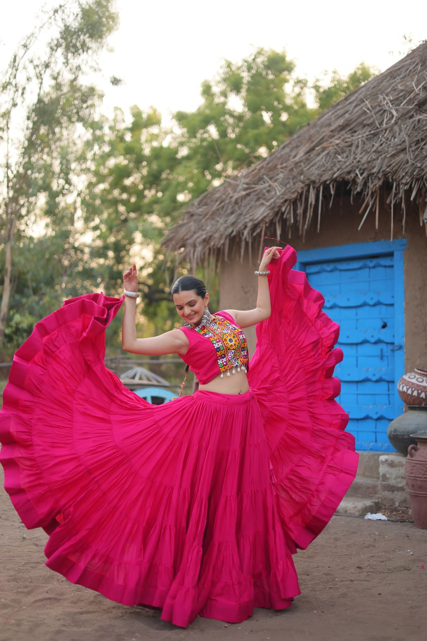 ClothsVilla Pink Traditional Reyon Lehenga Set with Embroidered Blouse and Koti - view 2