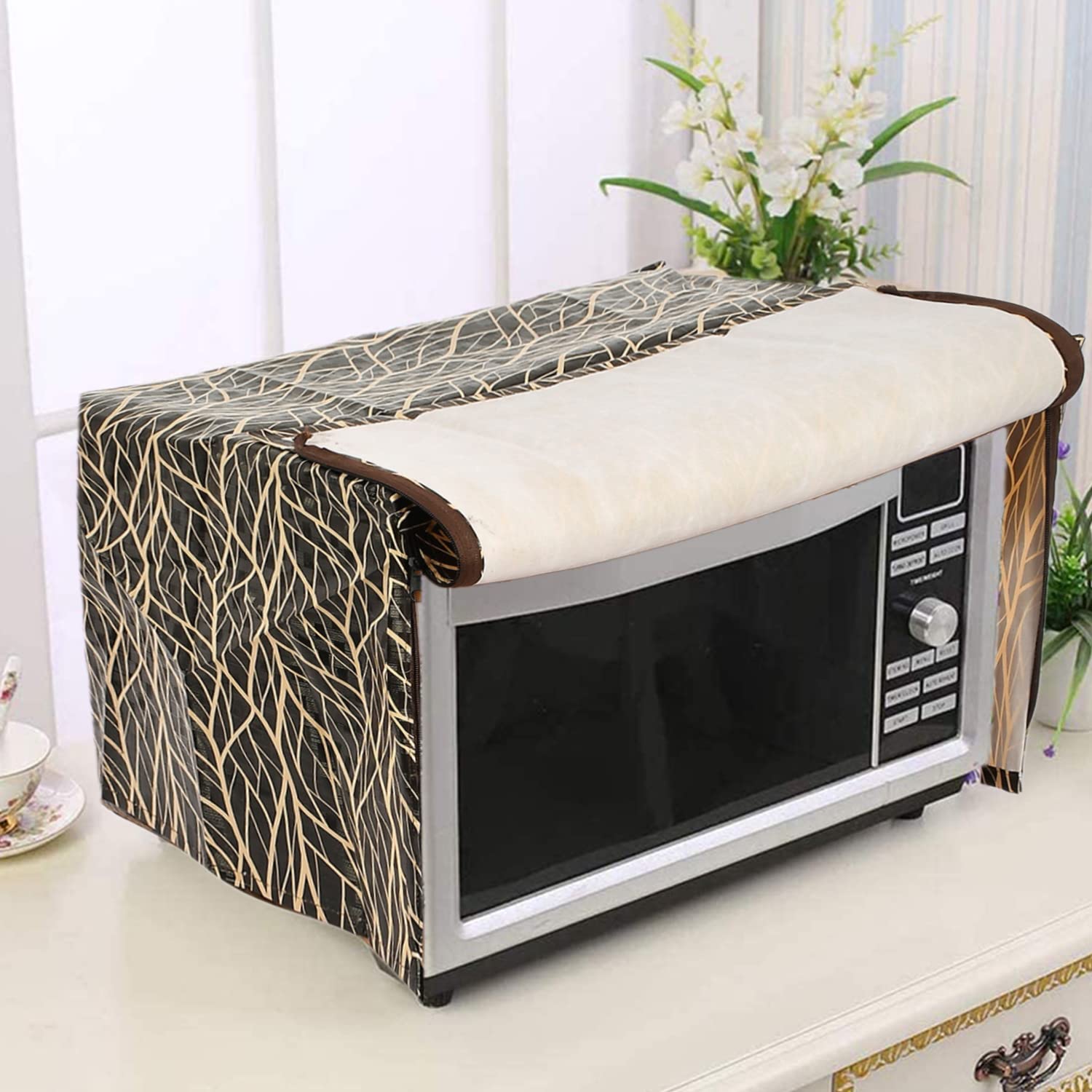 Kuber Industries PVC Leaf Printed Microwave Oven Cover, Dustproof Machine Protector Cover,30 Ltr. (Brown) - view 5