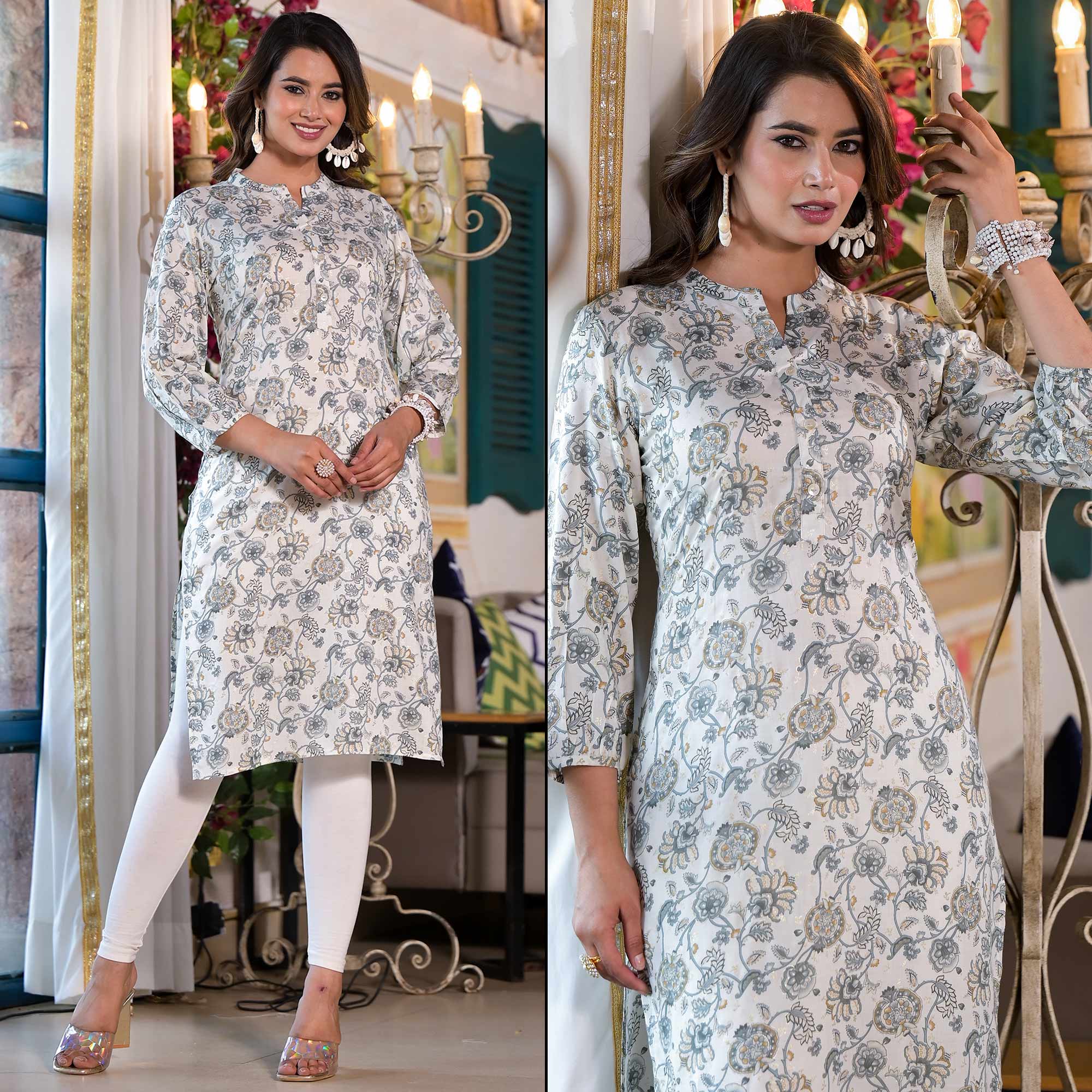 Grey kurtas – BlackTree grey-floral-foil-printed-chanderi-silk-kurti