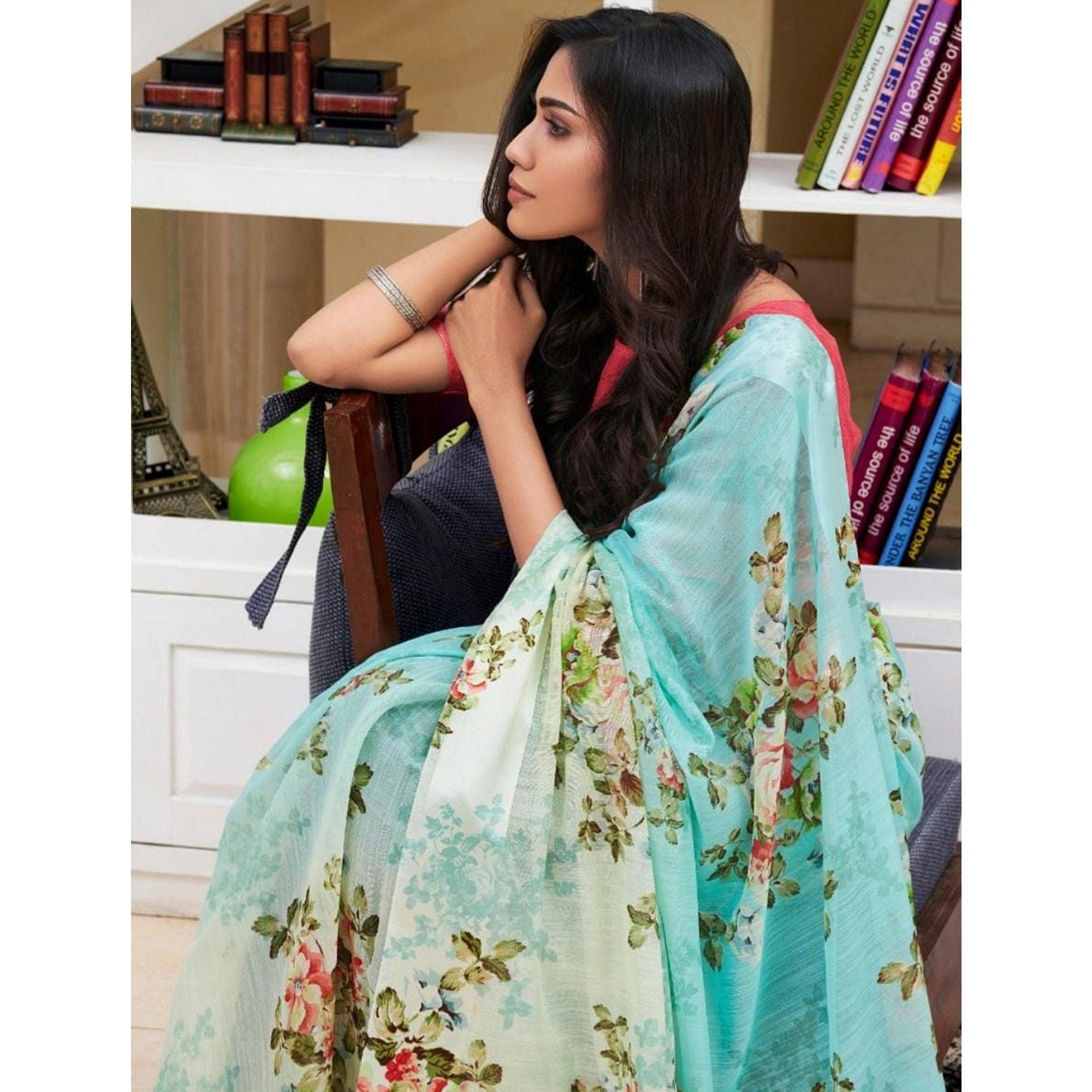 Peachmode Intricate Aqua Blue Colored Casual Wear Floral Printed Linen Saree - view 2