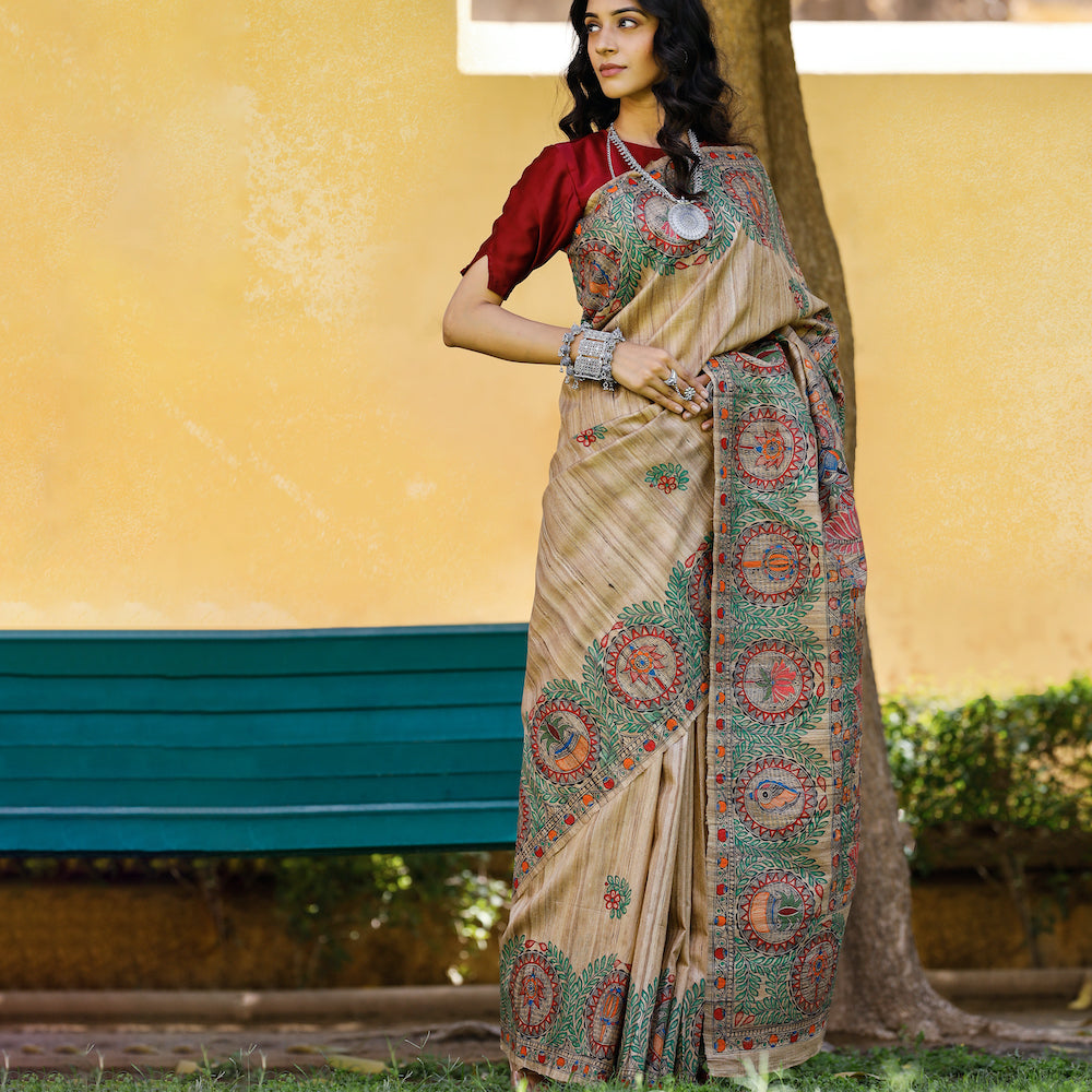 DIORAMA DESIGNS Brown - Madhubani Hand-Painted Durga Incarnations Tussar Ghicha Silk Saree - view 3