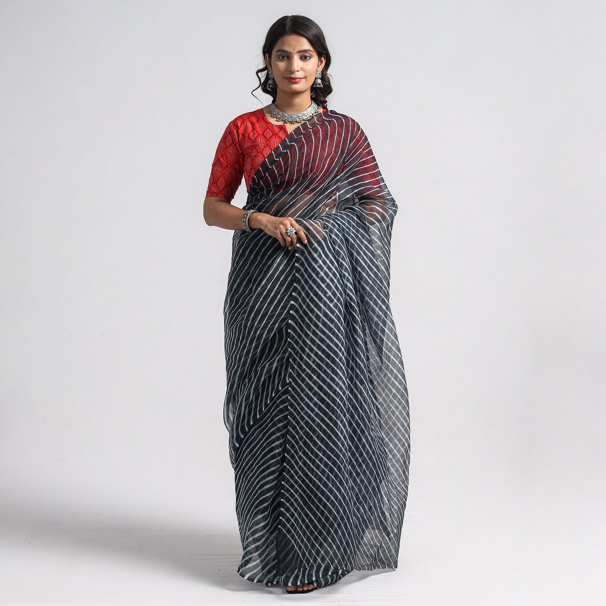 LEHARIYA BY BADSHAH MIYAN Black - Leheriya Tie-Dye Kota Doria Cotton Saree 01
