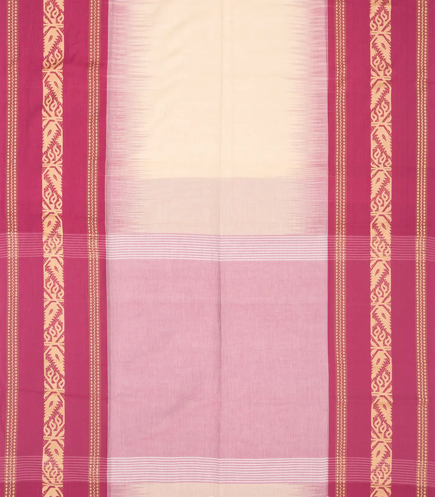RmKV Cream Handloom Bengal Cotton Saree With Contrast Pink Border - view 2