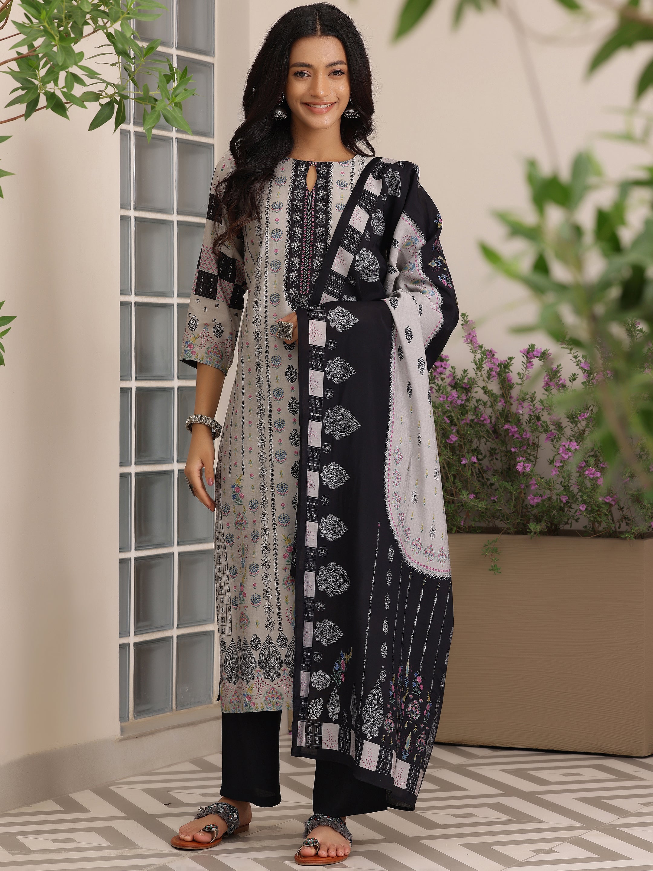 Libas Grey Printed Silk Blend Straight Suit With Dupatta - view 2