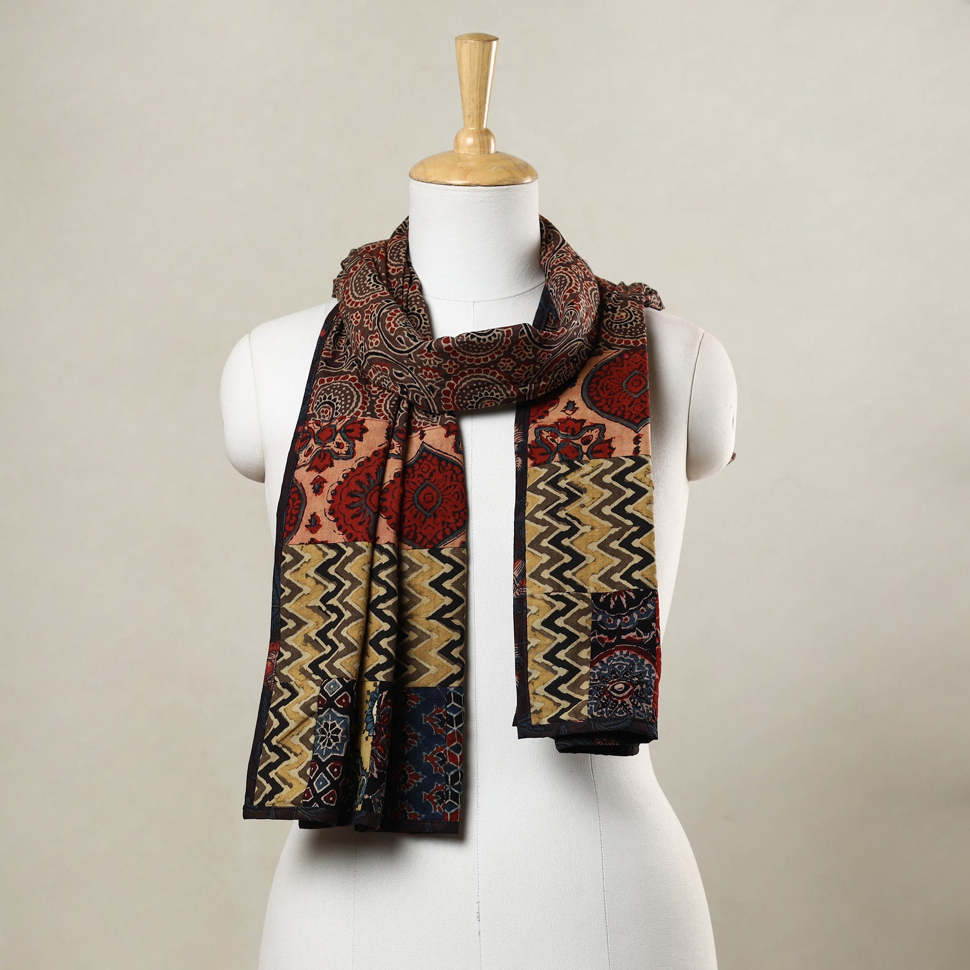 STOLES & SCARVES Brown - Ajrakh Block Printed Patchwork Cotton Stole