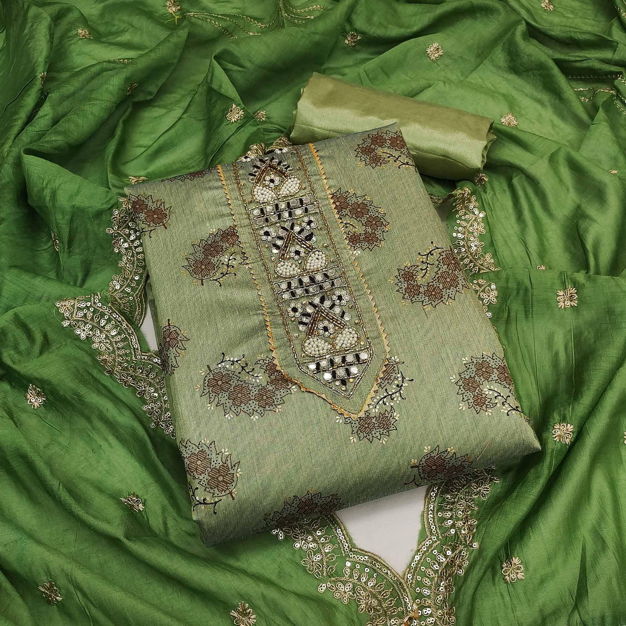 Green dresses – BlackTree green-floral-printed-chanderi-dress-material-142942