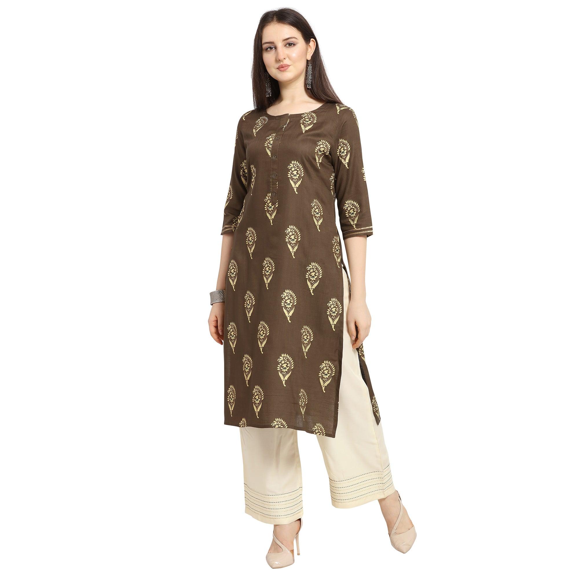 Peachmode Seller Glowing Brown Colored Casual Wear Printed Cotton Kurti-Palazzo Suit