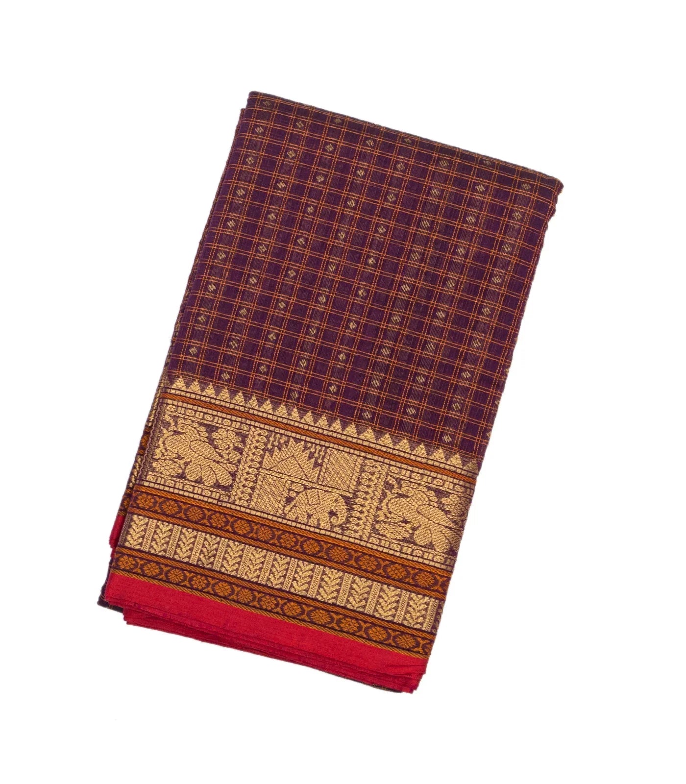 RmKV Magenta Handloom Kanchi Cotton Saree With Checks & Diamond Motifs