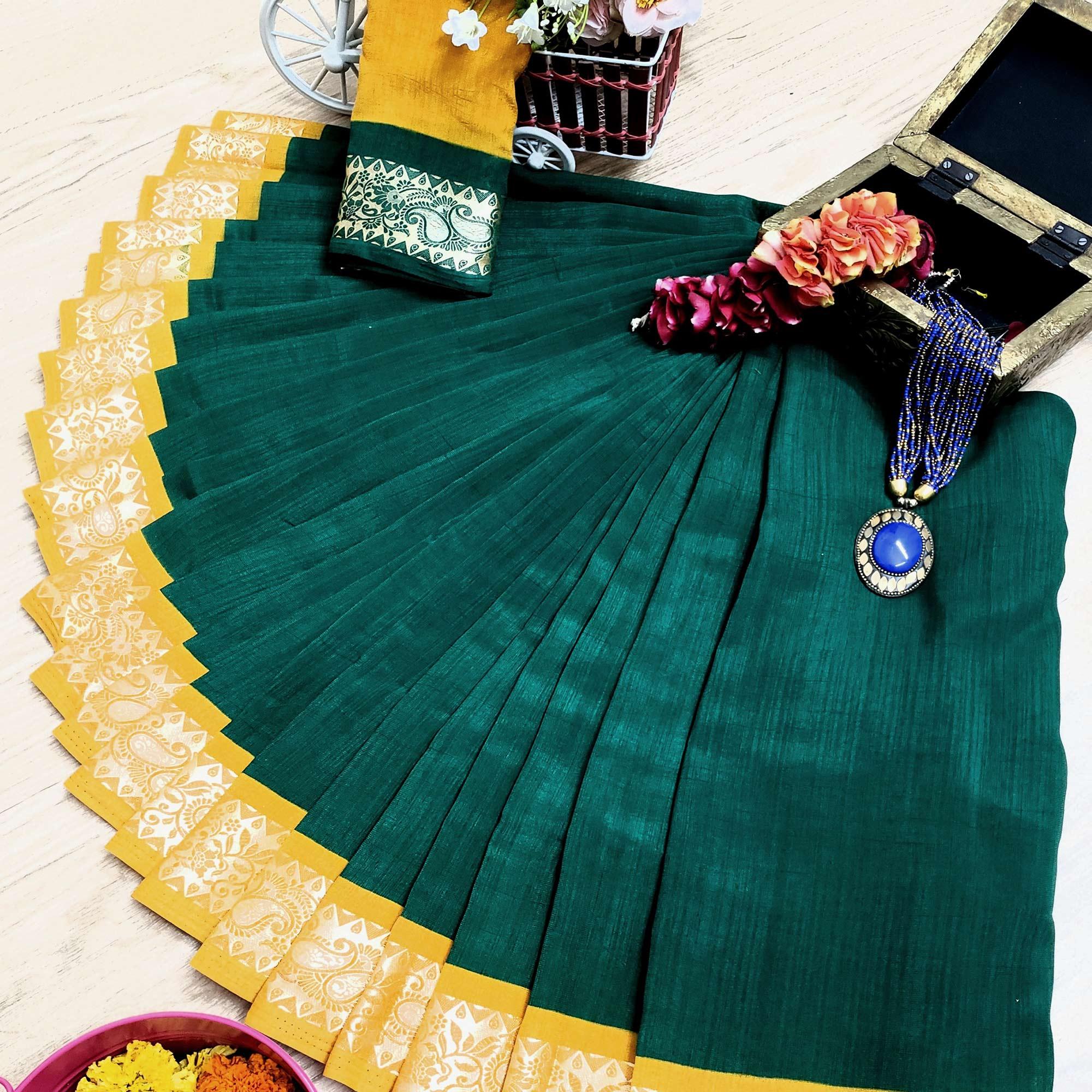 Peachmode Energetic Green Colored Festive Wear Woven Soft Vichitra Silk Saree