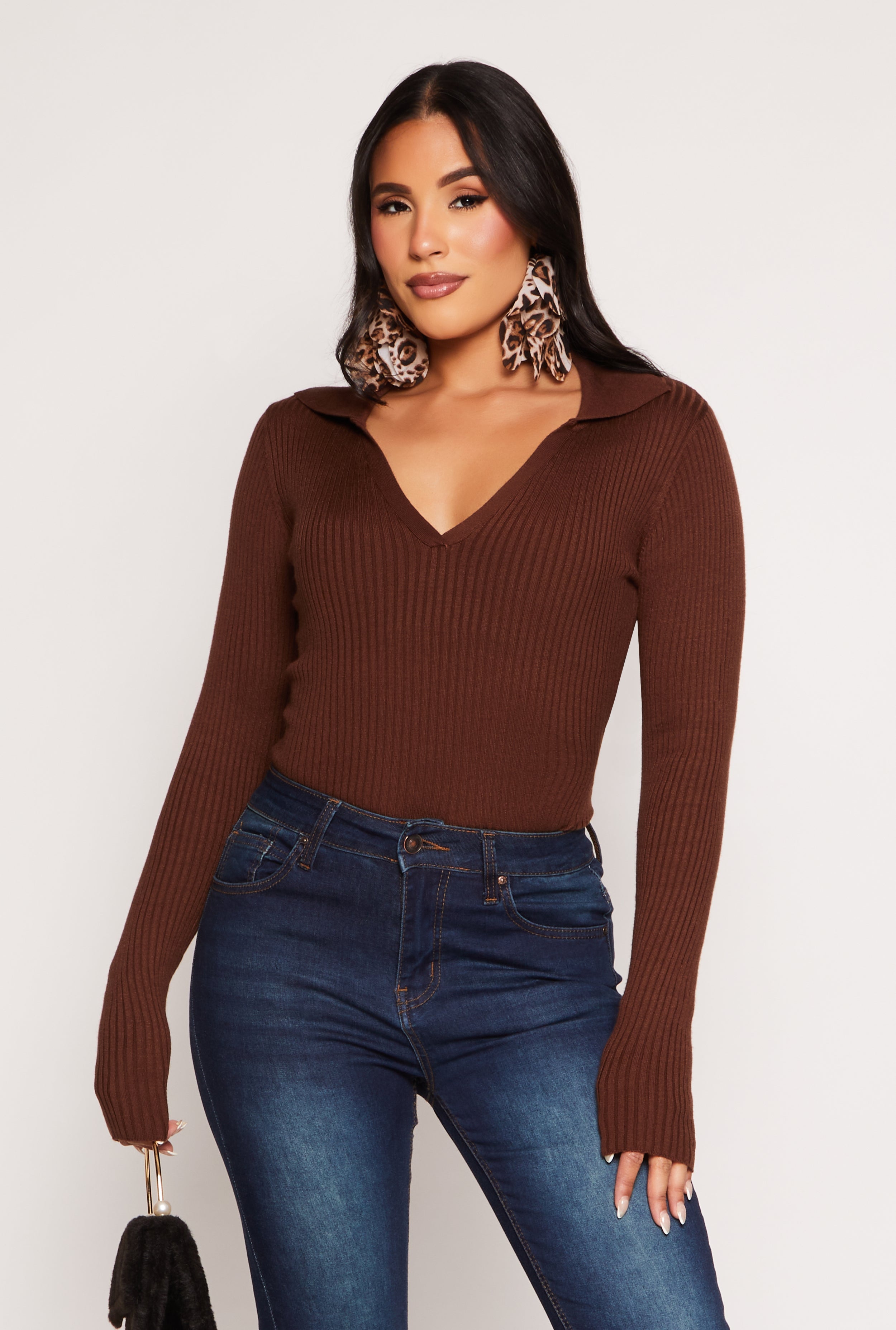 Rainbow Shops Ribbed Knit Johnny Collar Sweater