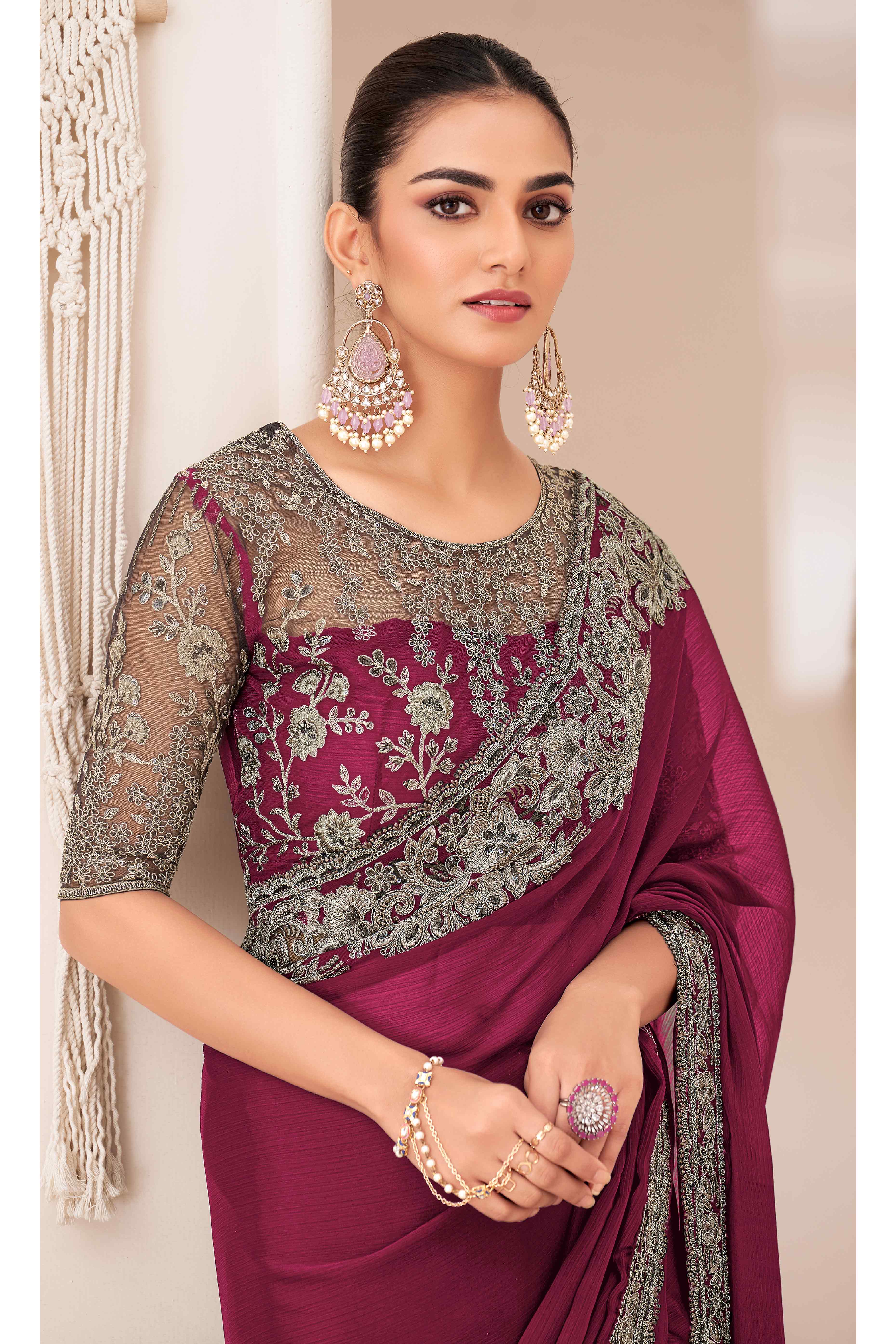 Peachmode Dark Magenta Floral Sequins Embroidered Georgette Saree - view 3
