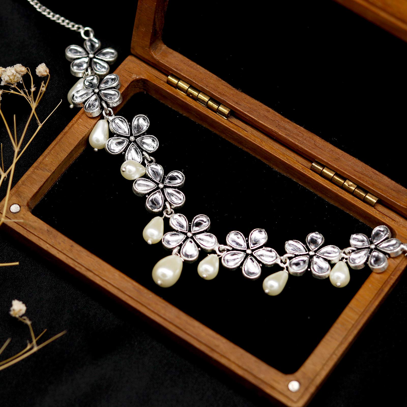 TEEJH Abhita Floral Polki Silver Oxidized Necklace for Women - view 2