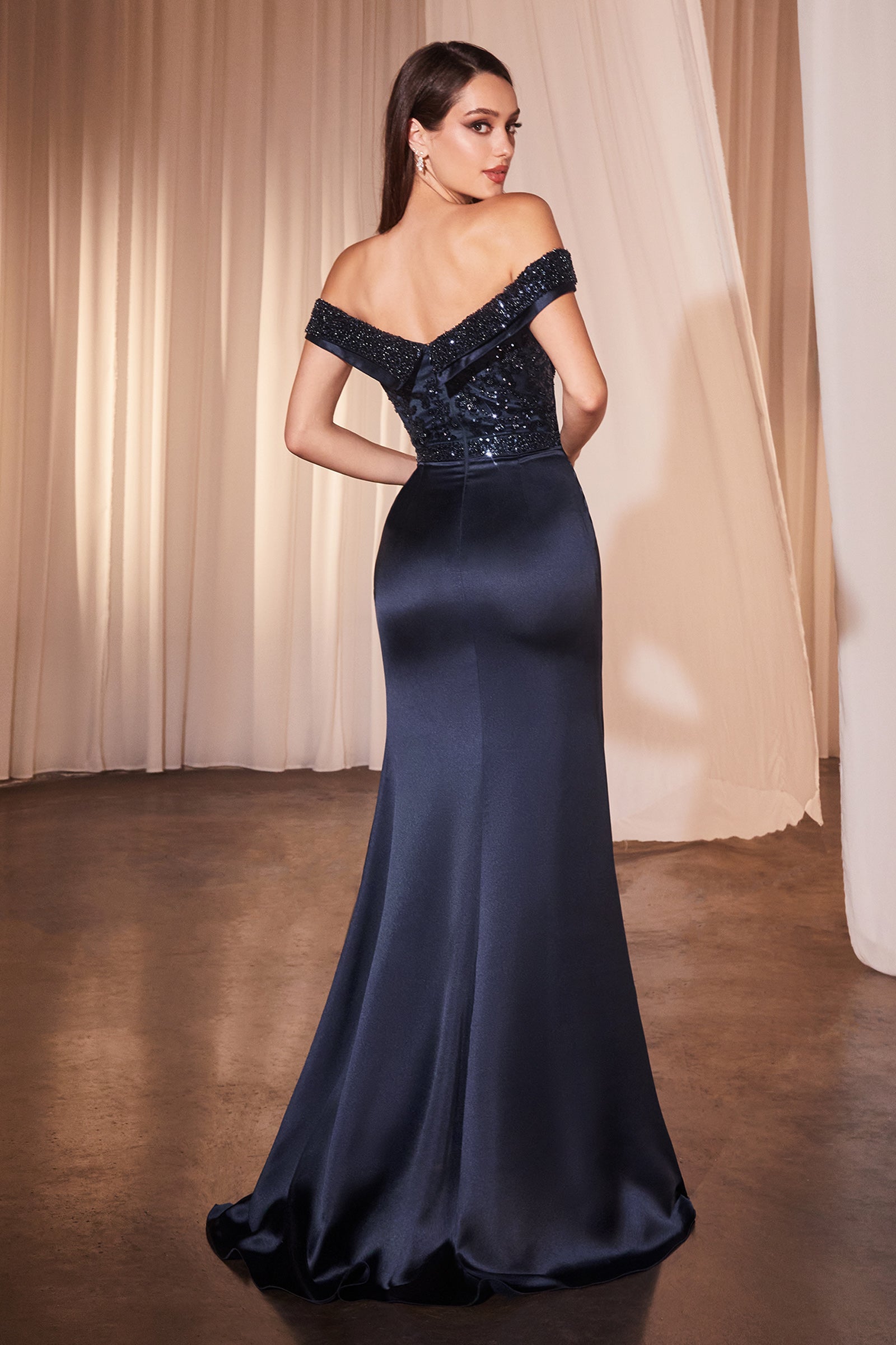 Cinderella Divine Beaded Satin Fitted Off Shoulder Gown by Ladivine CR877 - view 2