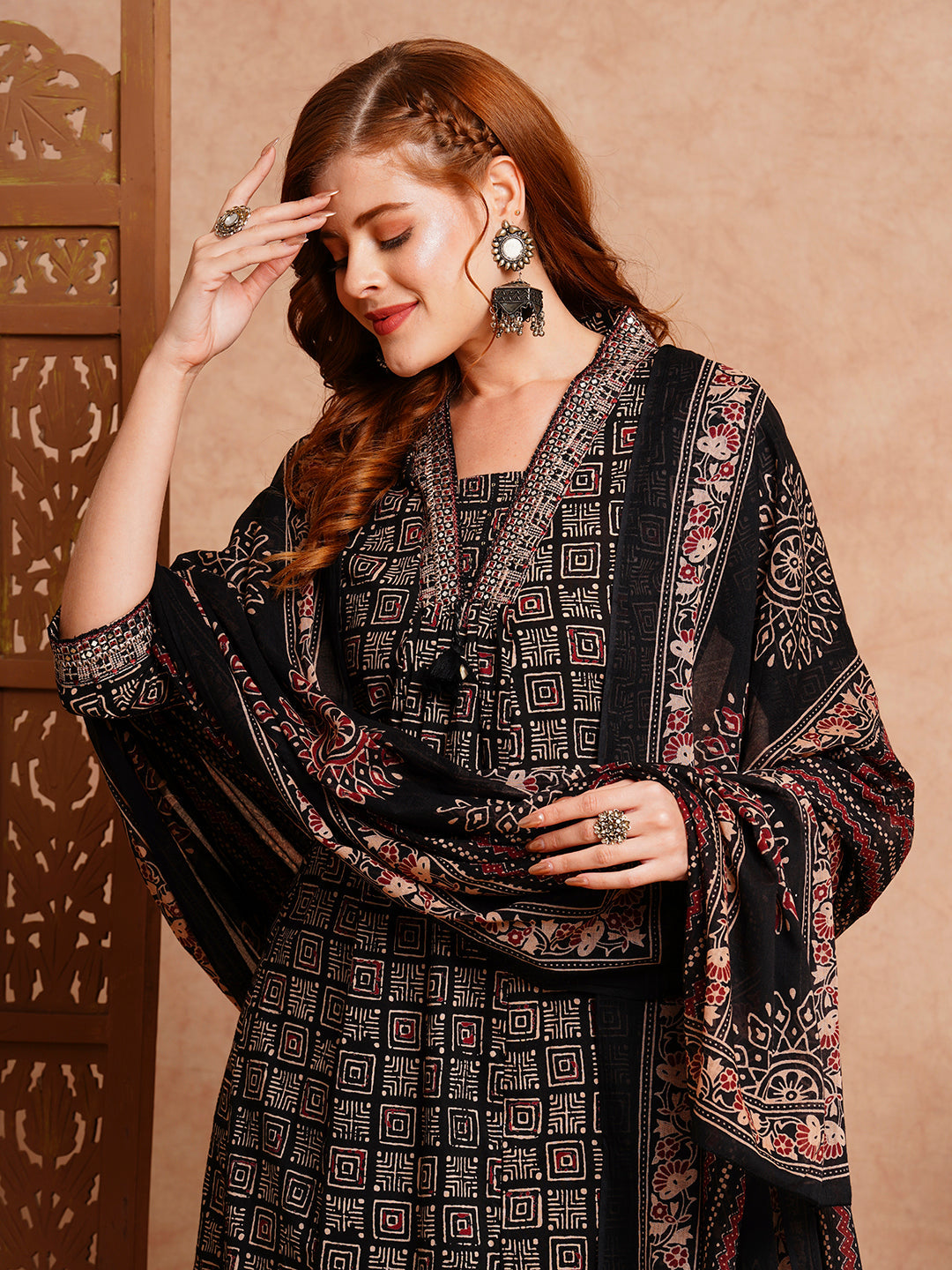FASHOR Ethnic Printed & Embroidered A-Line Kurta with Pant & Dupatta - Black