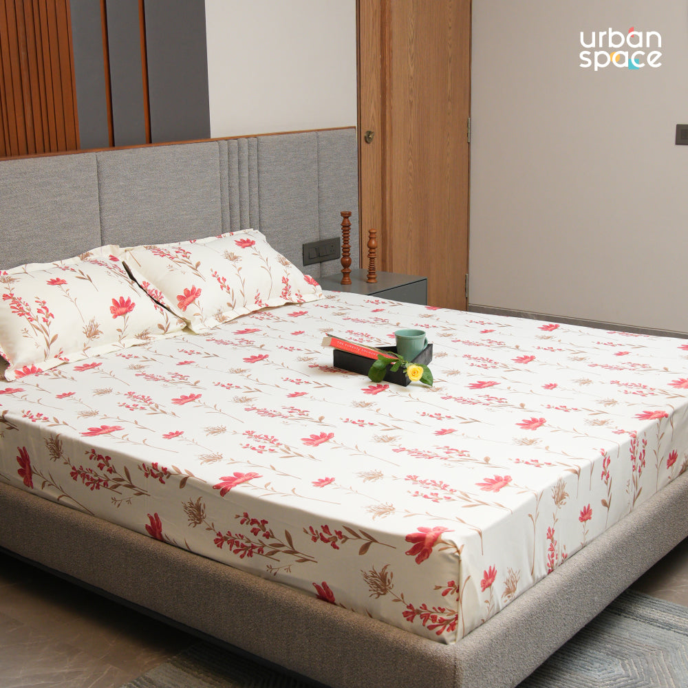 Urban Space -Home Furnishing Store Serene 200 TC 100% Cotton Single Bedsheet with Pillow Covers - Orchid Blooms - Pink