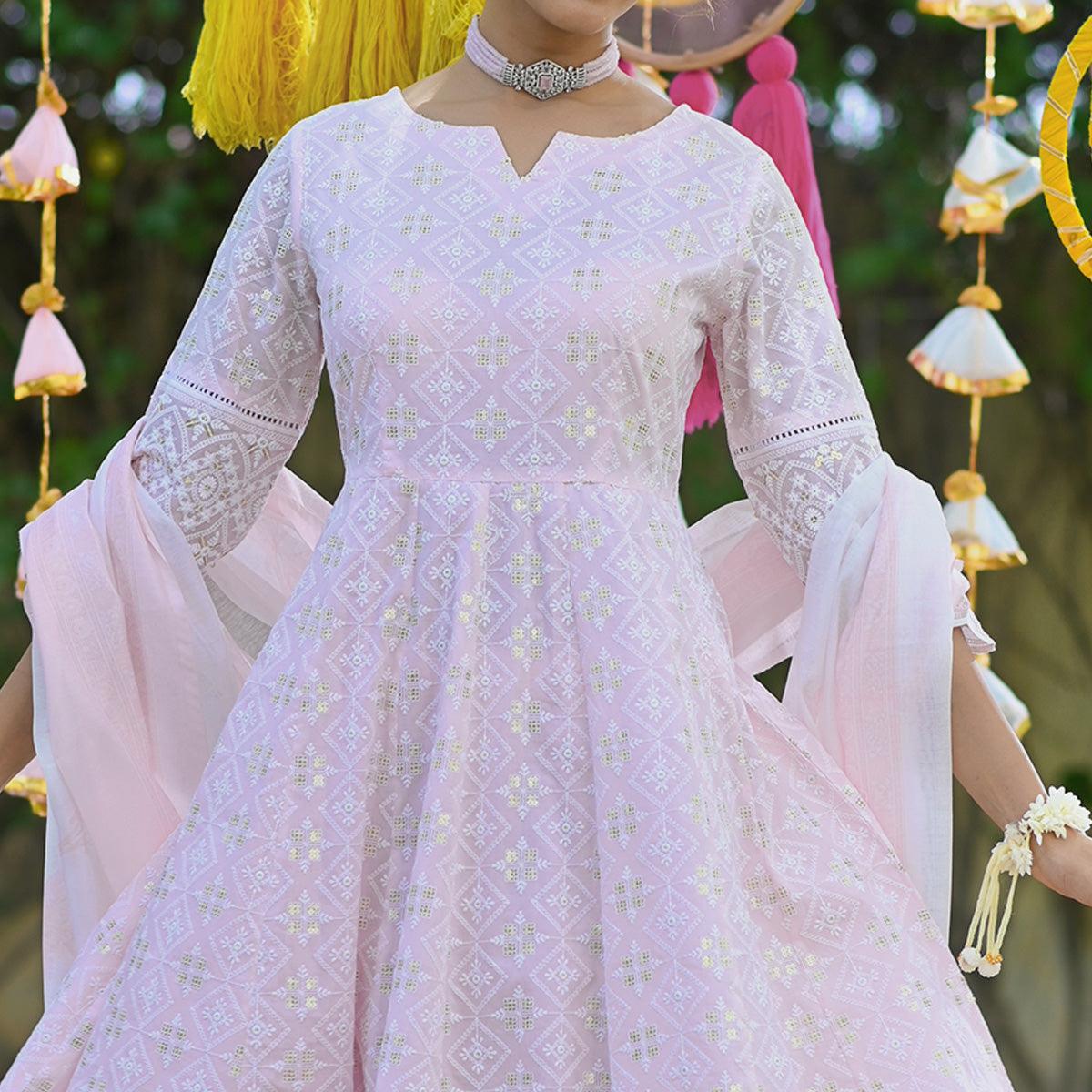 Peachmode Light Pink Lucknowi Embroidered Pure Cotton Anarkali Suit - view 2