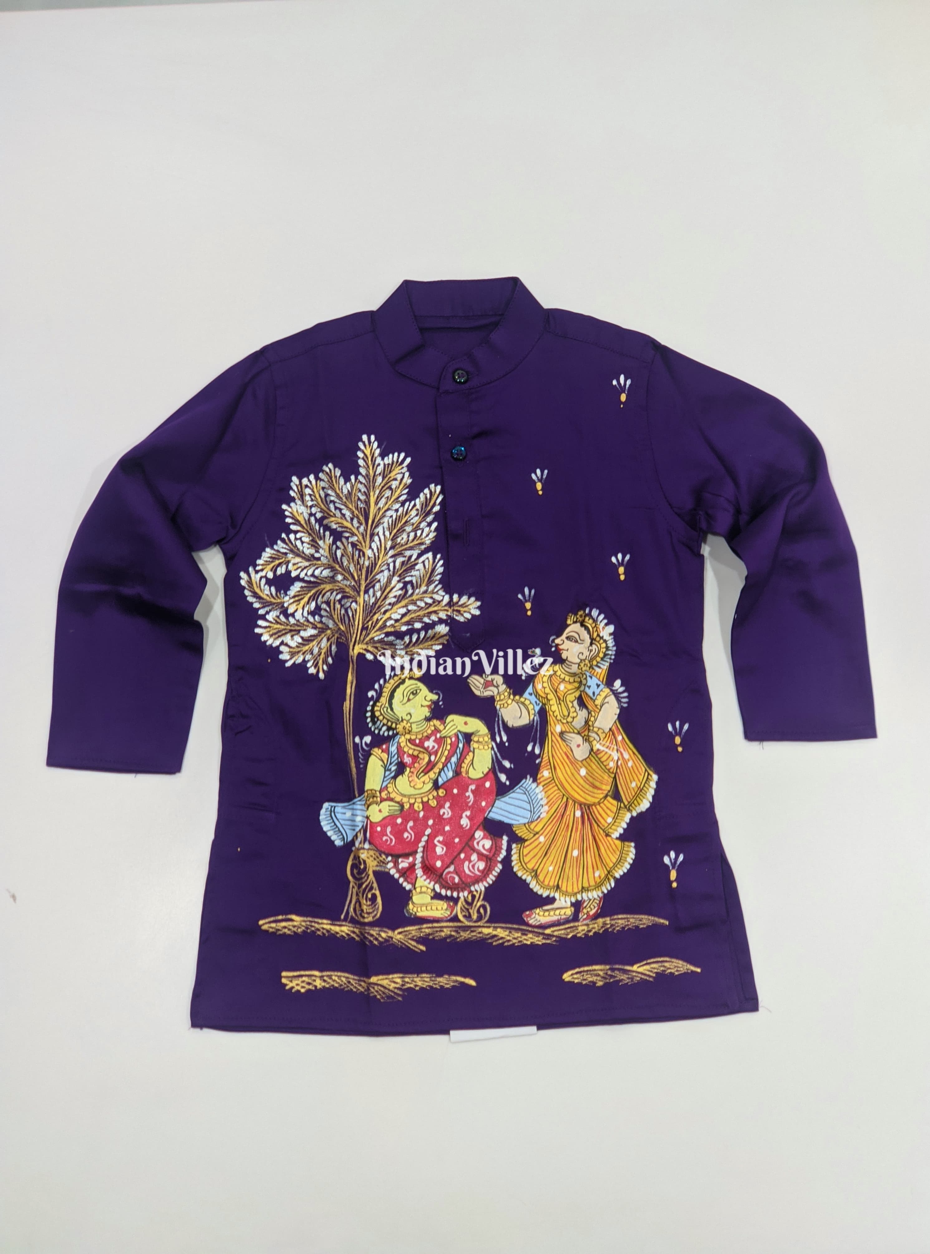 IndianVillèz Dark Purple Boys Nartaki Theme Pattachitra Kids Kurta & Pyjama Set - view 2