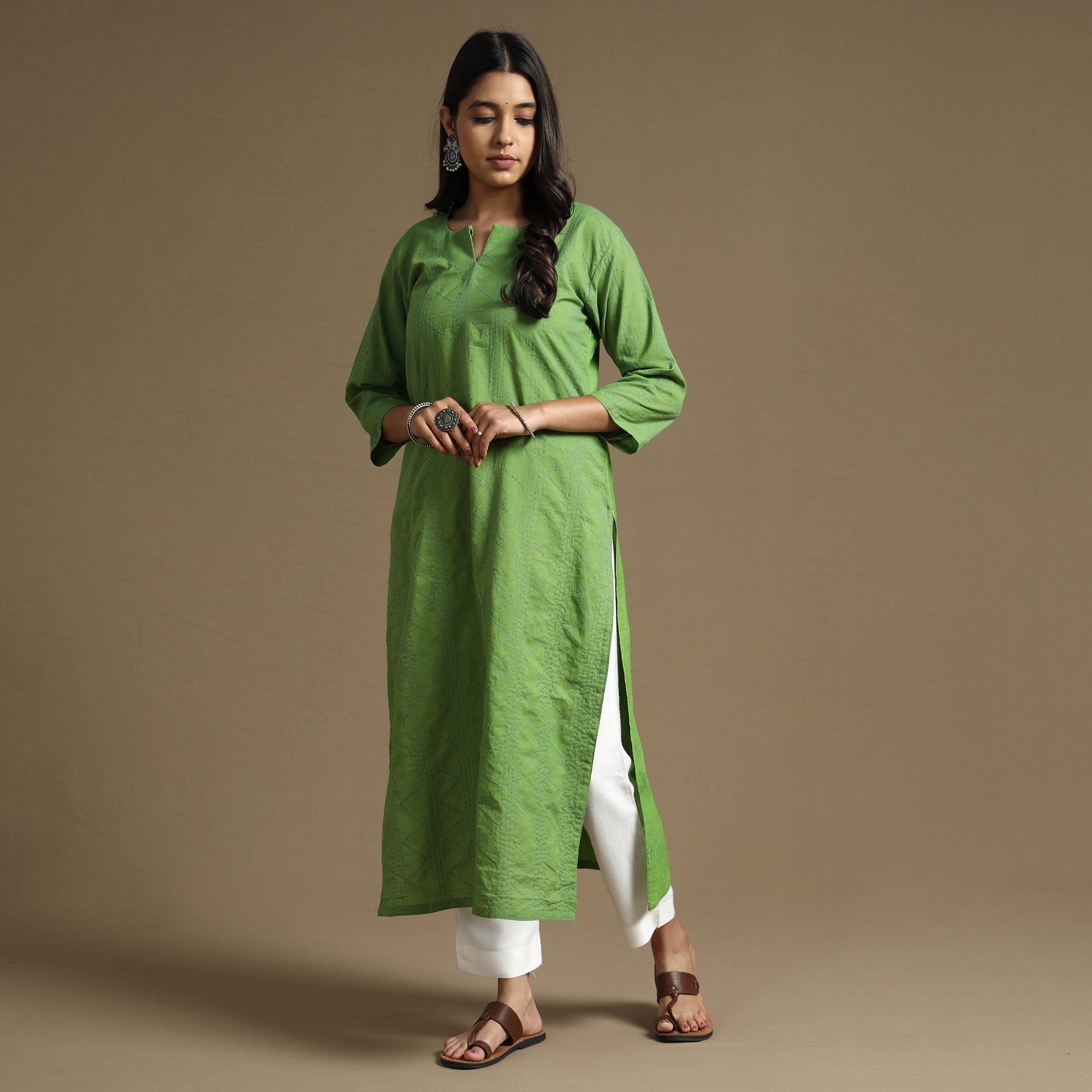 ITOKRI CASUALS Apple Green Plain Cotton Tagai Work Long Kurta - view 2