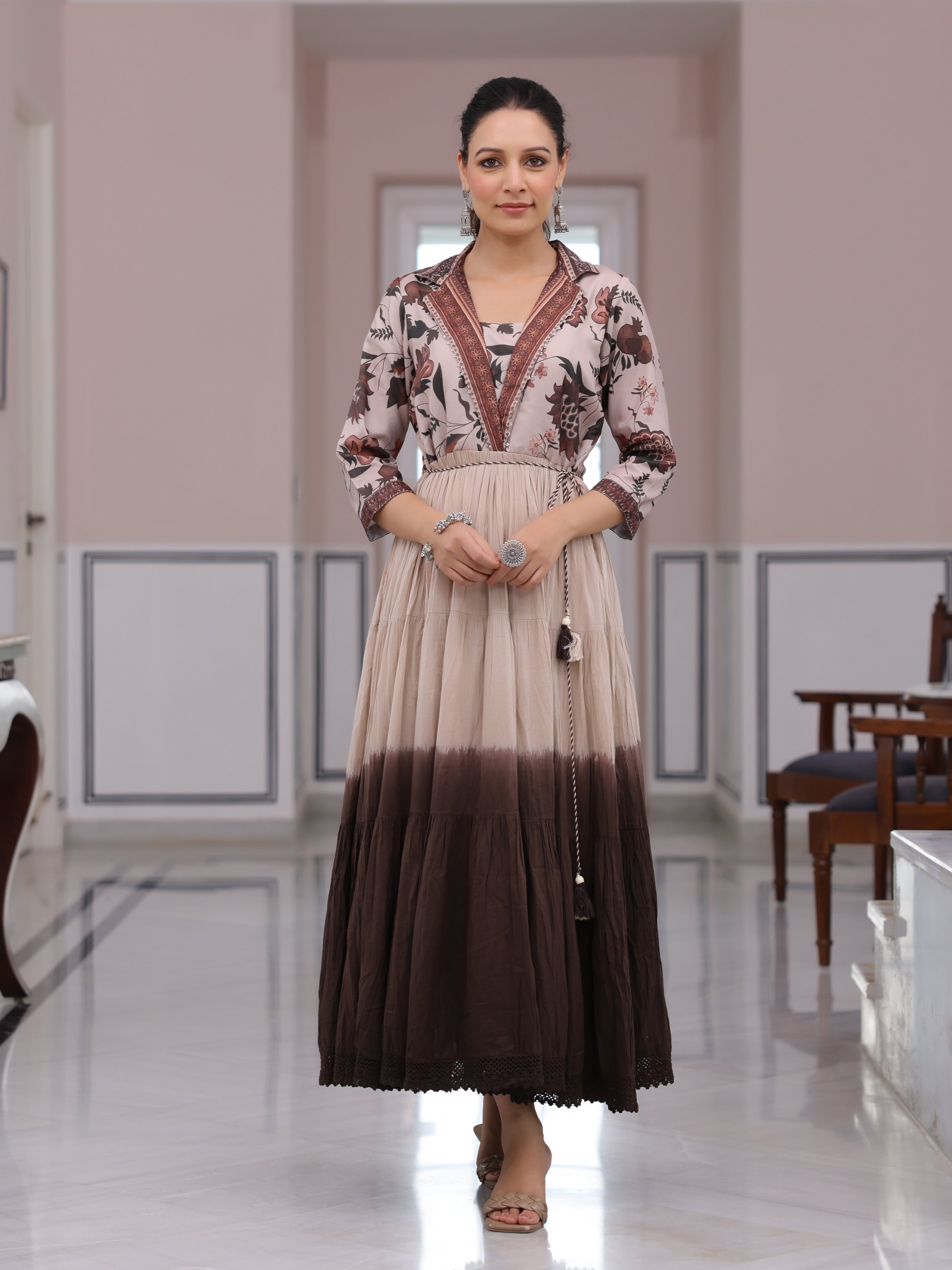 Fashor Floral Printed Ombre Dyed Pearl Beading Embellished Tiered Dress - Beige & Brown