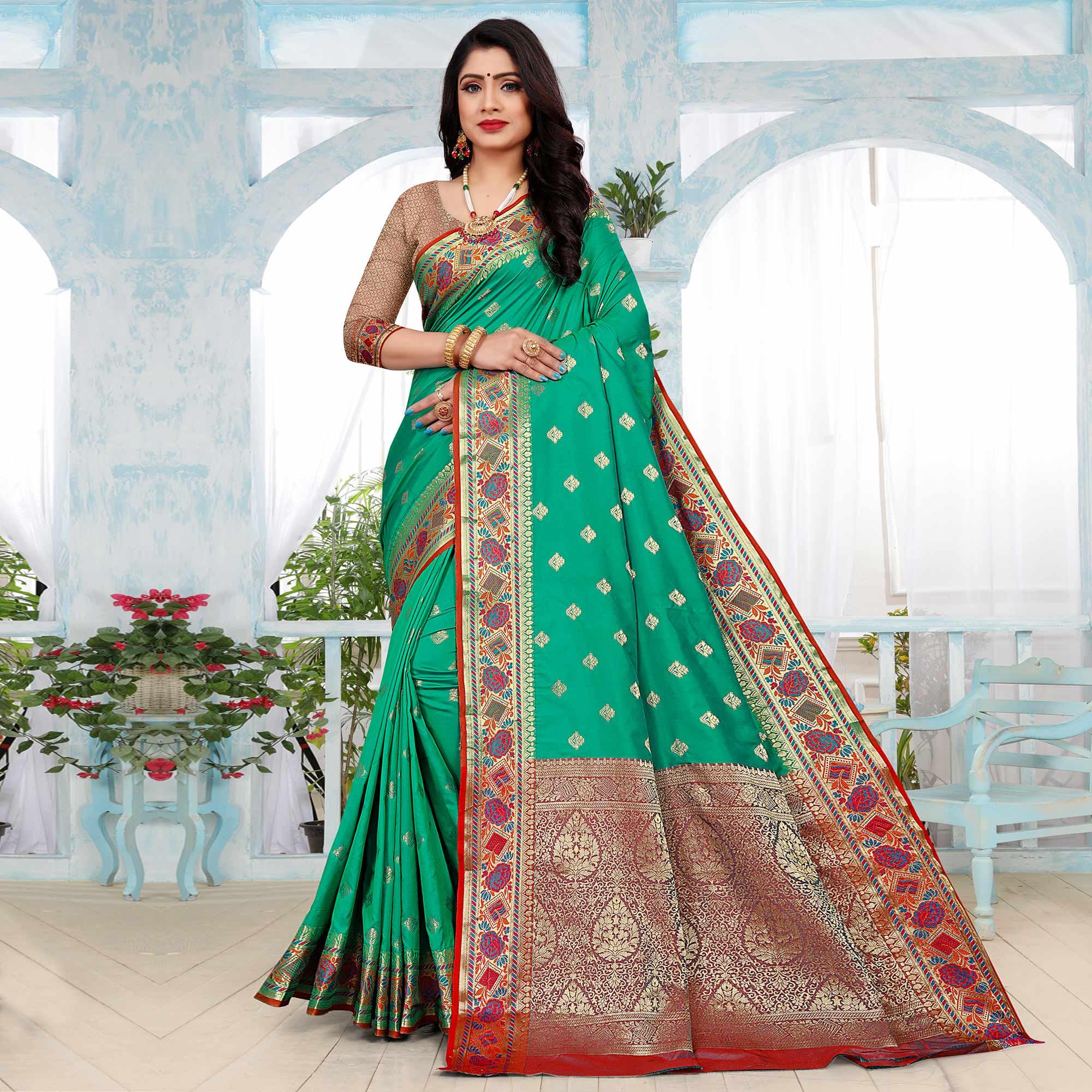 Peachmode Firozi Festive Wear Woven Silk Saree