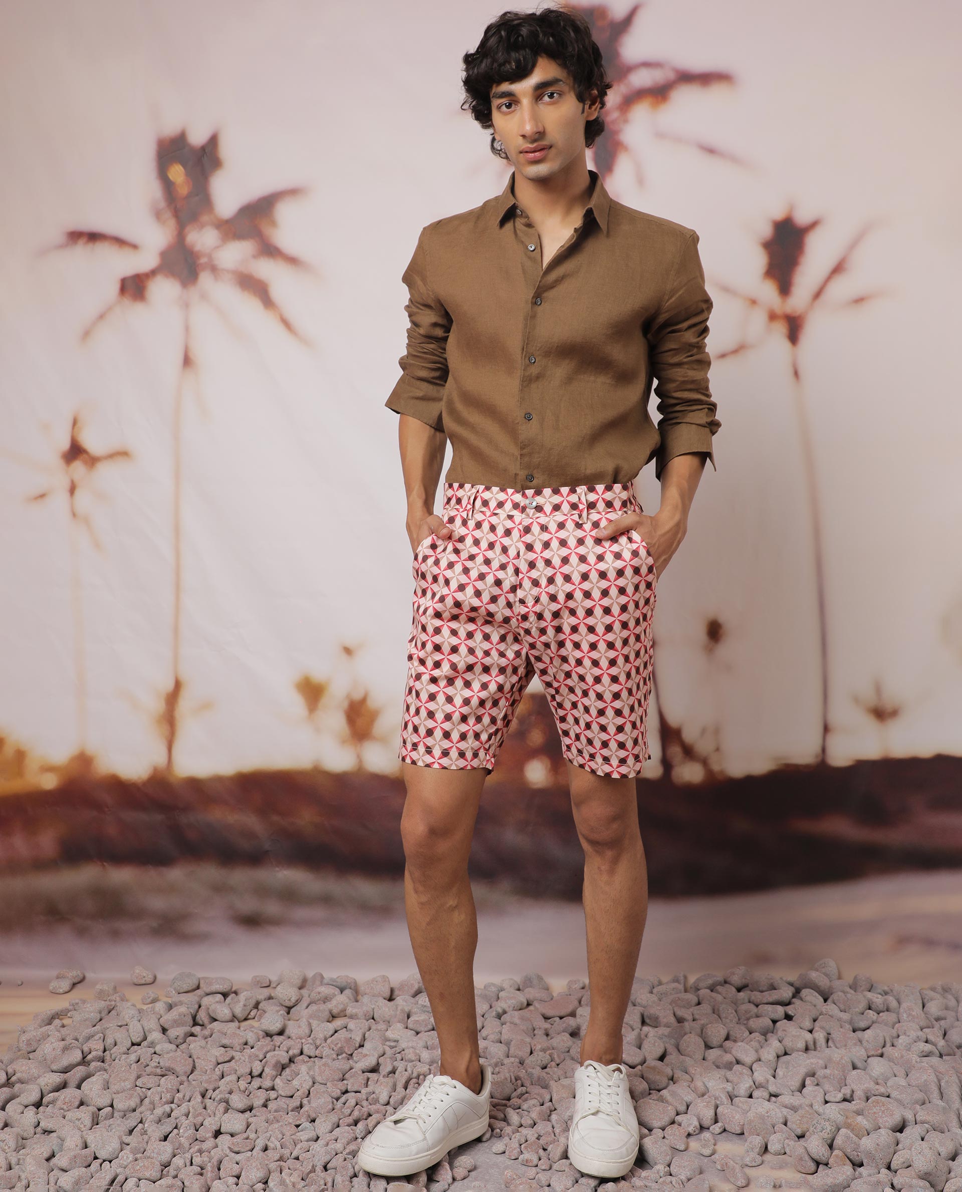 Rare Rabbit Men's Stany Pink Cotton Fabric Button & Zip Closure Slim Fit Mid Rise Geometric Print Shorts - view 2