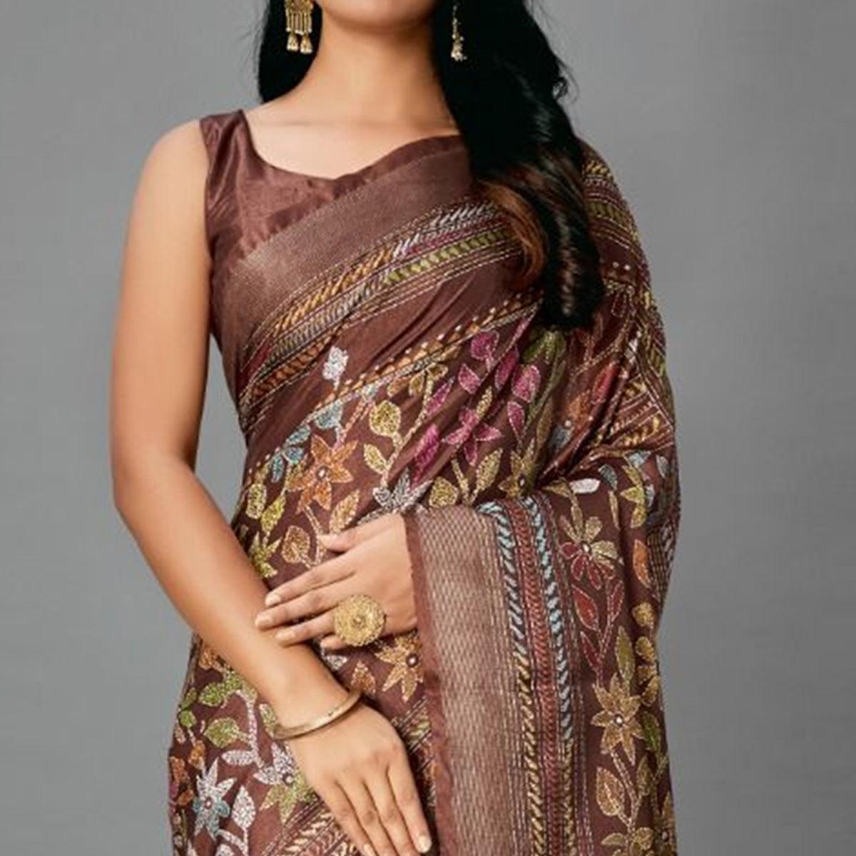 Peachmode Brown Casual Art Silk Printed Saree With Unstitched Blouse - view 4