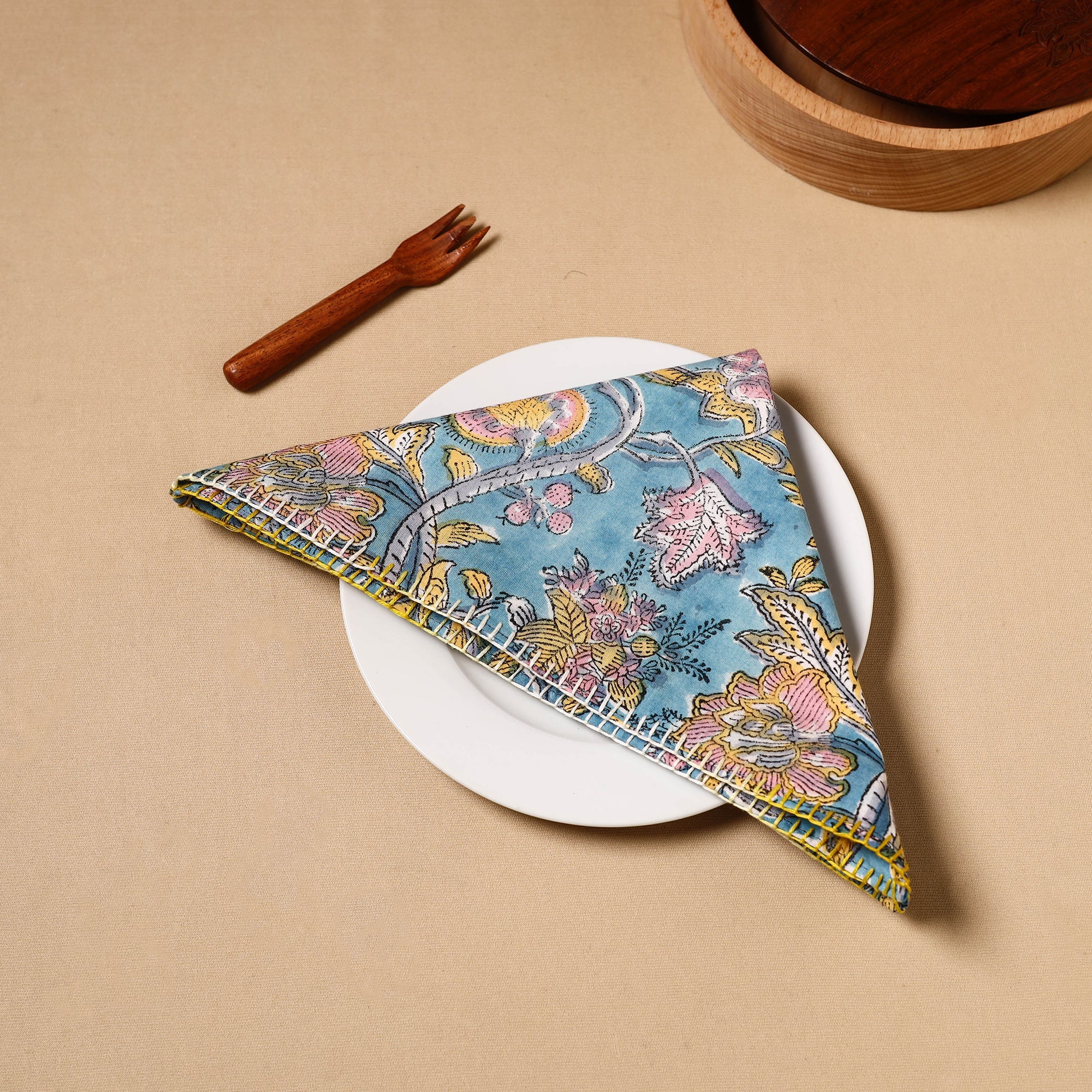 NOORI BAZAR Blue - Floral Block Print Cotton Hand Embroidery Table Napkin 06