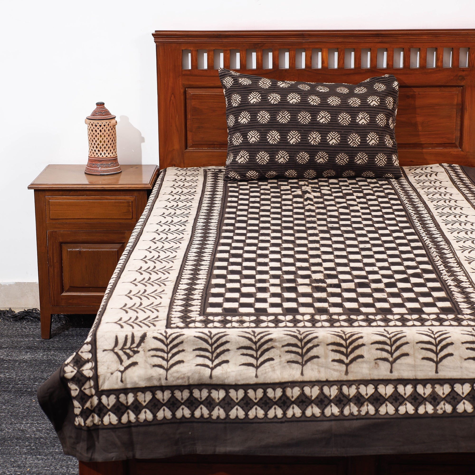 HAVELI CHRONICLES Brown - Pipad Block Printed Cotton Single Bed Cover with Pillow Covers (90 x 60 in)
