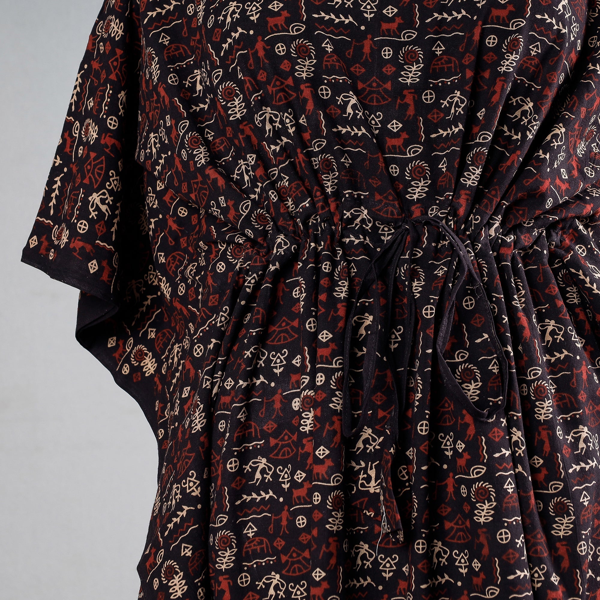 KACHCHH JI CHHAAP Black - Ajrakh Block Printed Cotton Kaftan with Tie-Up Waist (Medium) - view 3