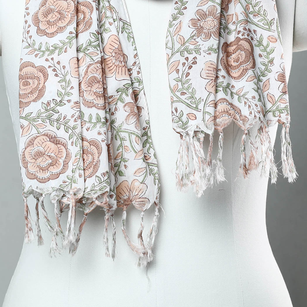 HAVELI CHRONICLES Brown - Sanganeri Block Printed Cotton Stole with Tassels 169 - view 3