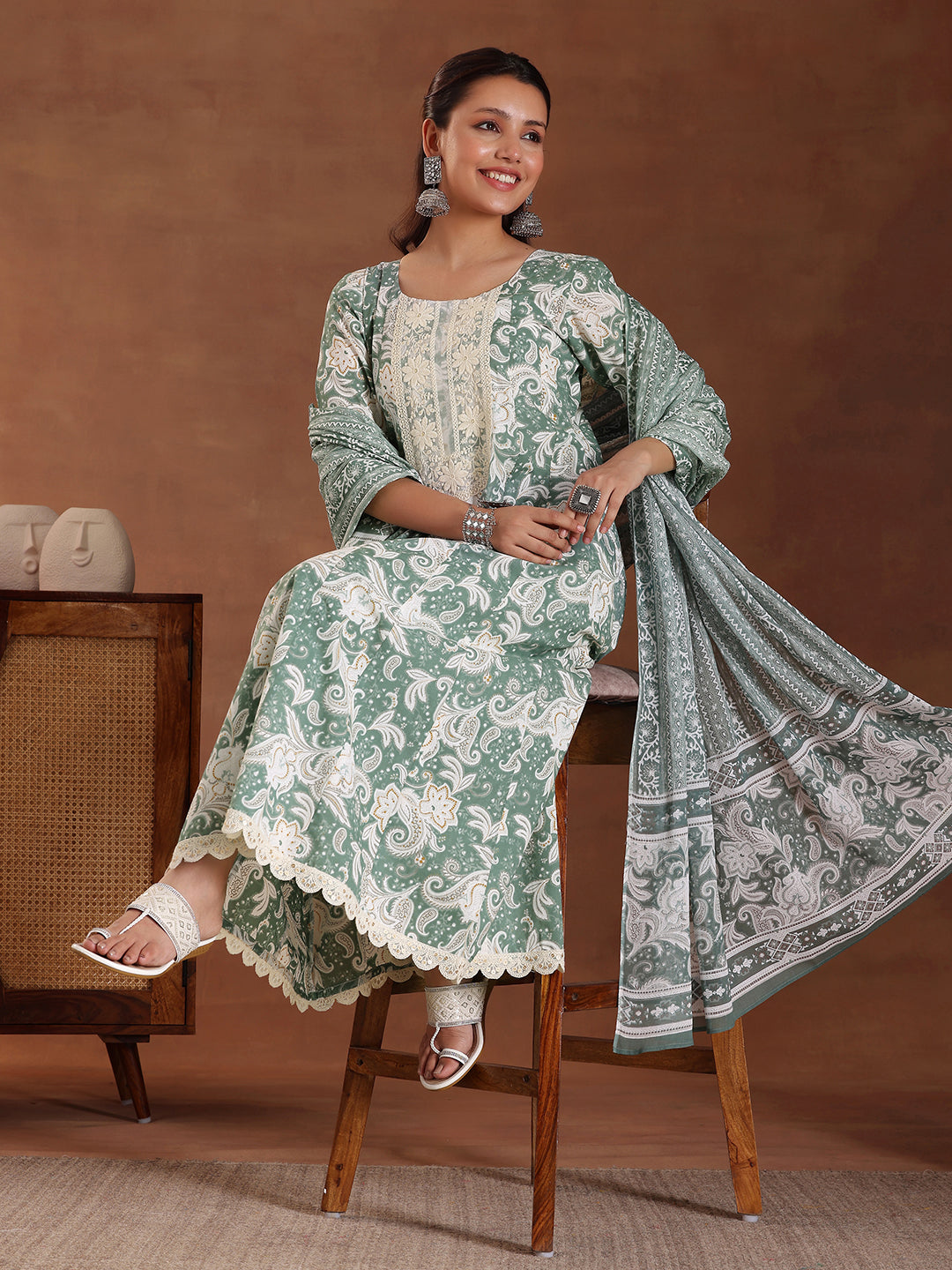 Libas Green Printed Cotton Anarkali Suit With Dupatta